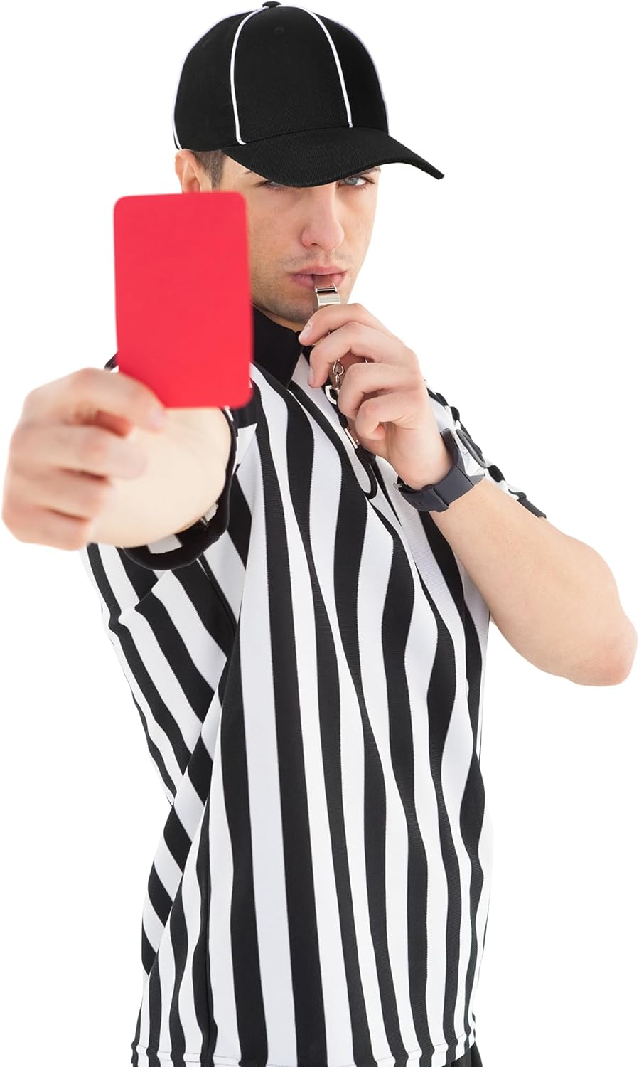 Geyoga 4 Pcs Men's Official Referee Costume Set Black and White Stripe Referee Shirt Hat Whistle Lanyard for Carnival(XL) - Image 6