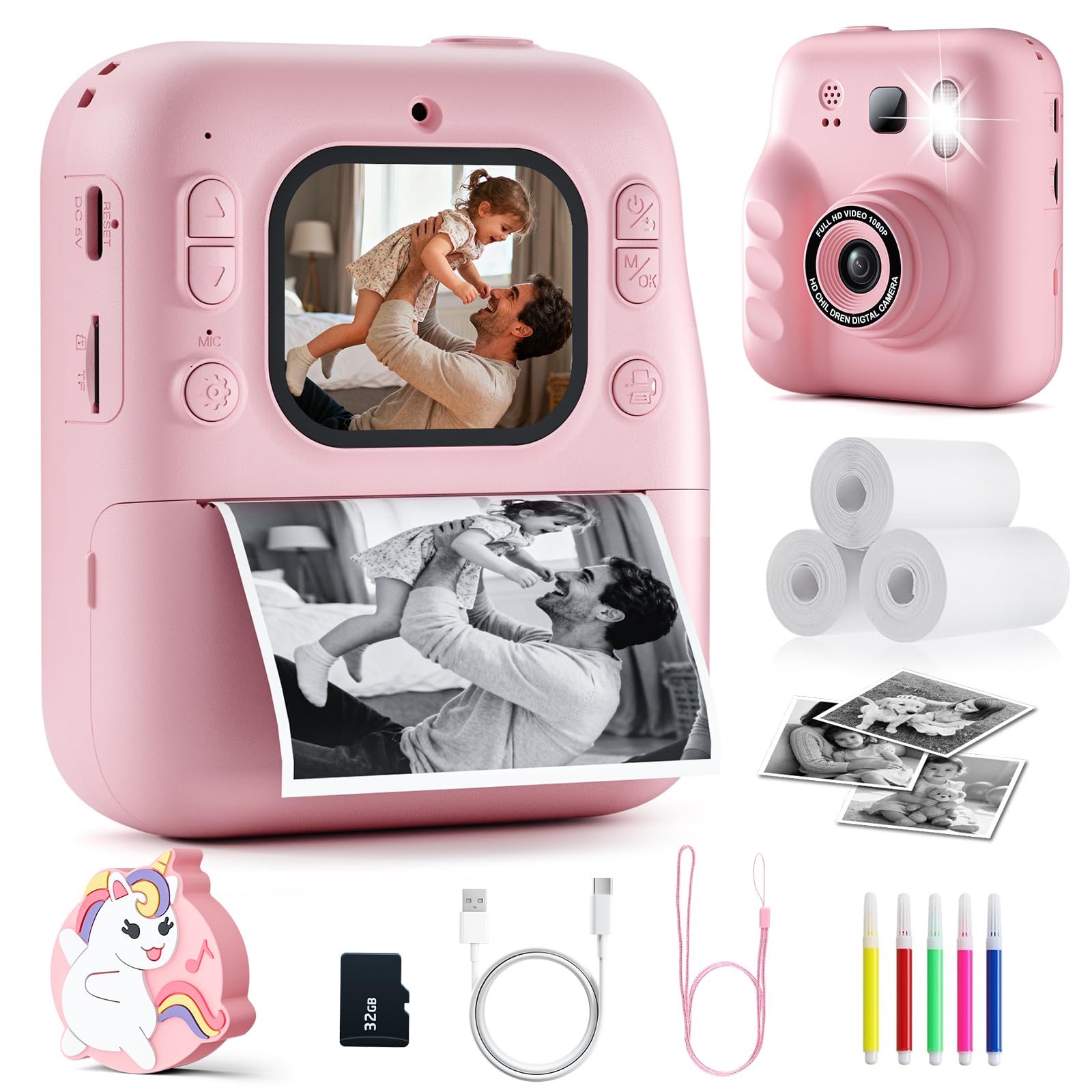 Macchina Fotografica Bambini Istantanea, 1080P Fotocamera Digitale Bambini con 32GB & Papier Photo, Regalo di Natale per Bambino e Bambina dai 3-12 Anni