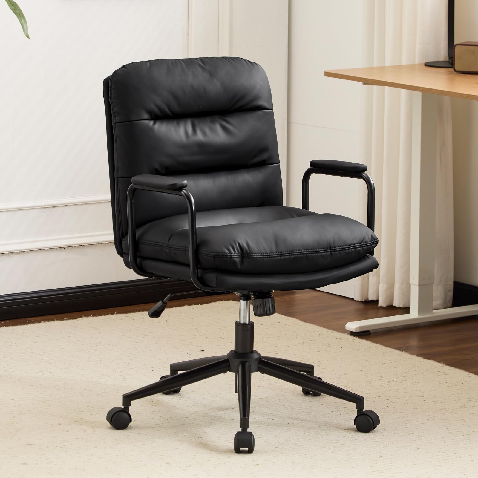 Fauteuil de Bureau Réglable en Hauteur Cuir PU avec Roulettes, Chaise Coiffeuse Bascule Pivotante Noir