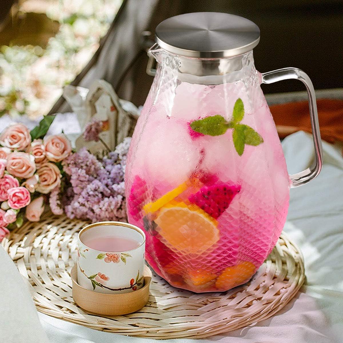 Large 75 Oz Glass Pitcher with 18/8 Stainless Steel Lid - Unique Squama Pattern - High Heat Resistance Water Pitcher for Hot/Cold Water & Iced Tea, 100% Lead-free and Drip-Free