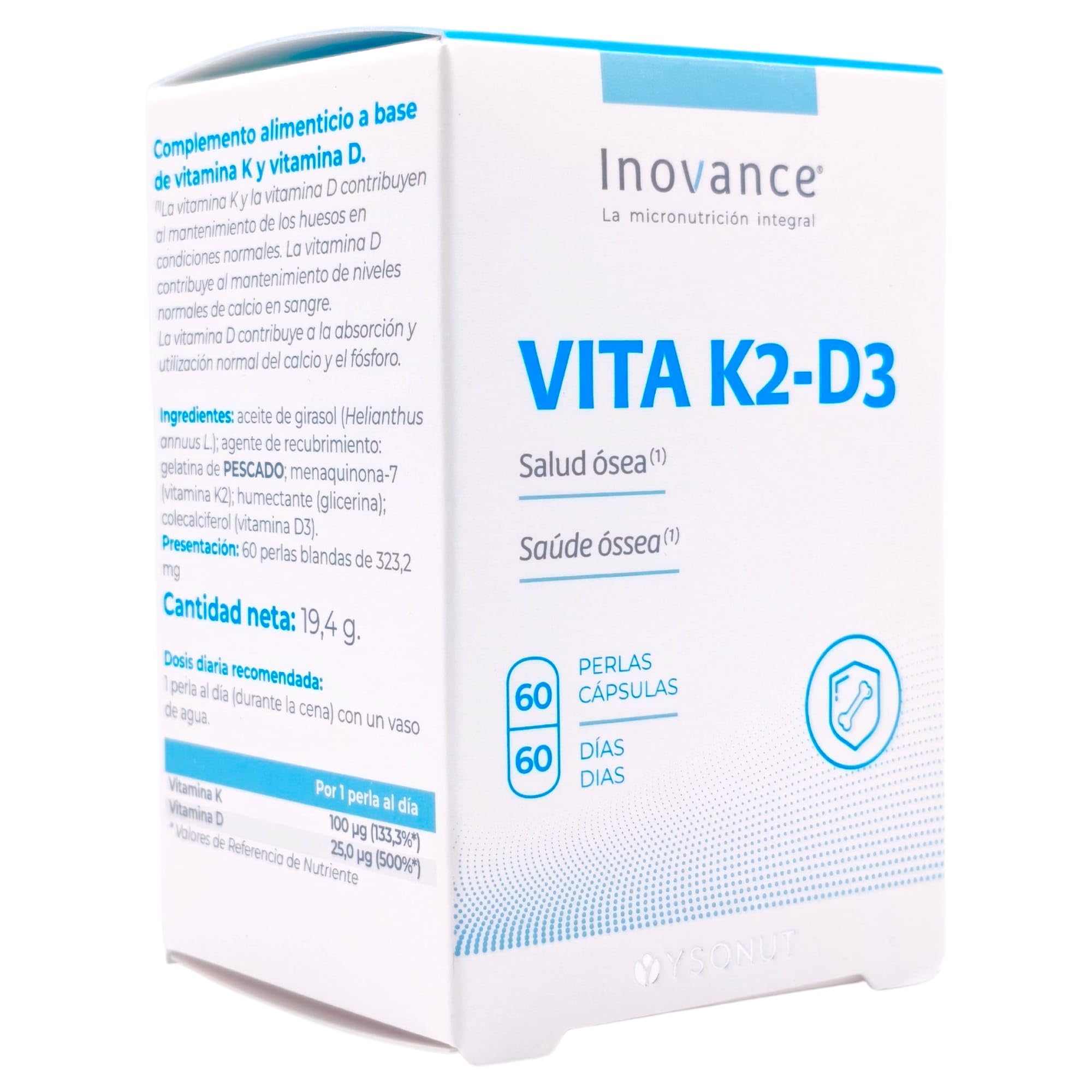 Inovance Vita K2-D3 60 Perlas - Suplemento de Vitamina D3 y Vitamina K2 - Salud Ósea y Cardiovascular - Fija el Calcio en los Huesos y Apoya el Sistema Inmunitario - Alta Absorción