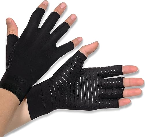 Miniatura 6 de 2 pares de guantes de cobre para artritis, alto contenido de cobre, guantes de compresión antideslizantes sin dedos, para mujeres y hombres, alivia