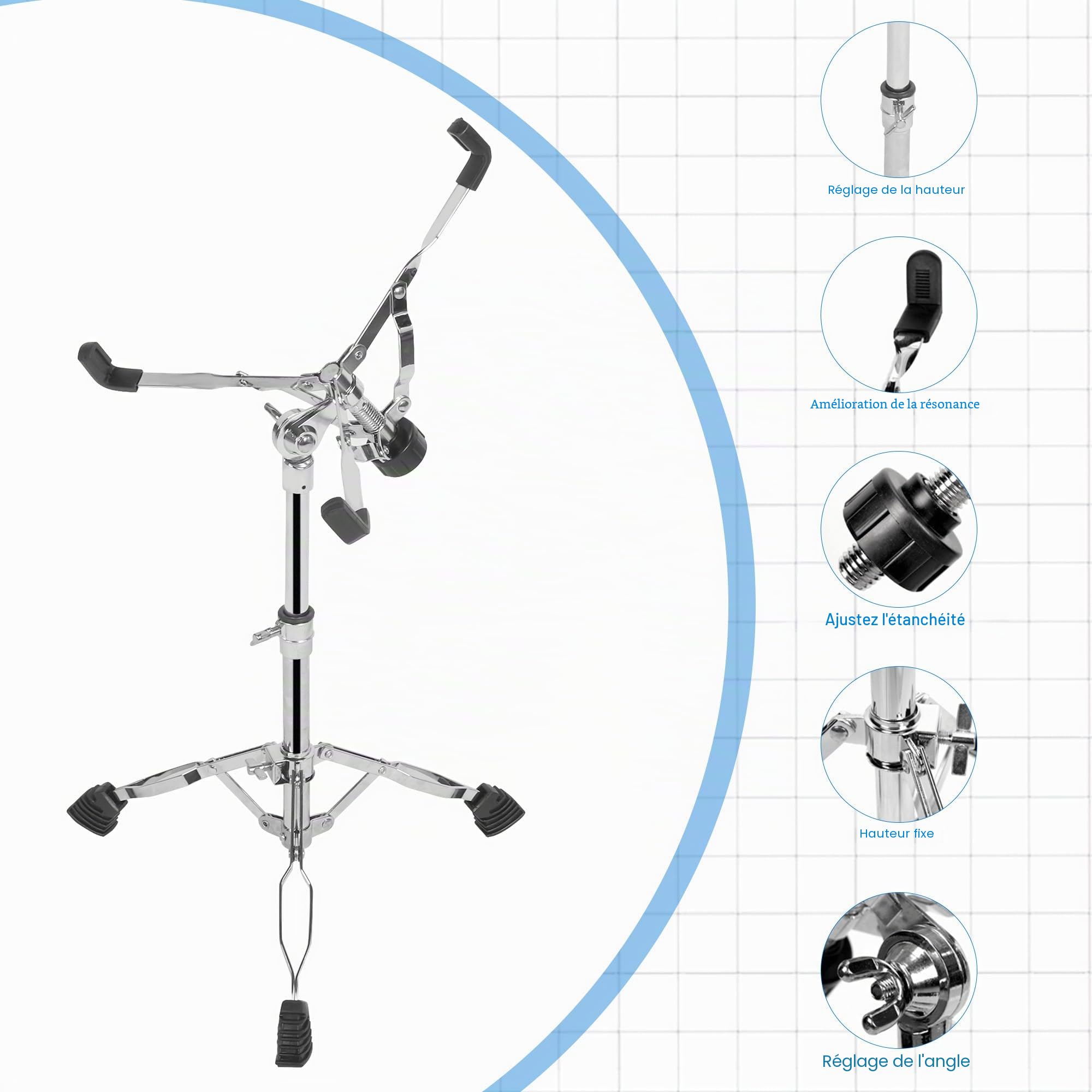 aleawol Support pour caisse claire réglable en hauteur de 40 à 55 cm, angle réglable | Support de tambour à double entretoise pour tambours à langue en acier de 25 à 38 cm