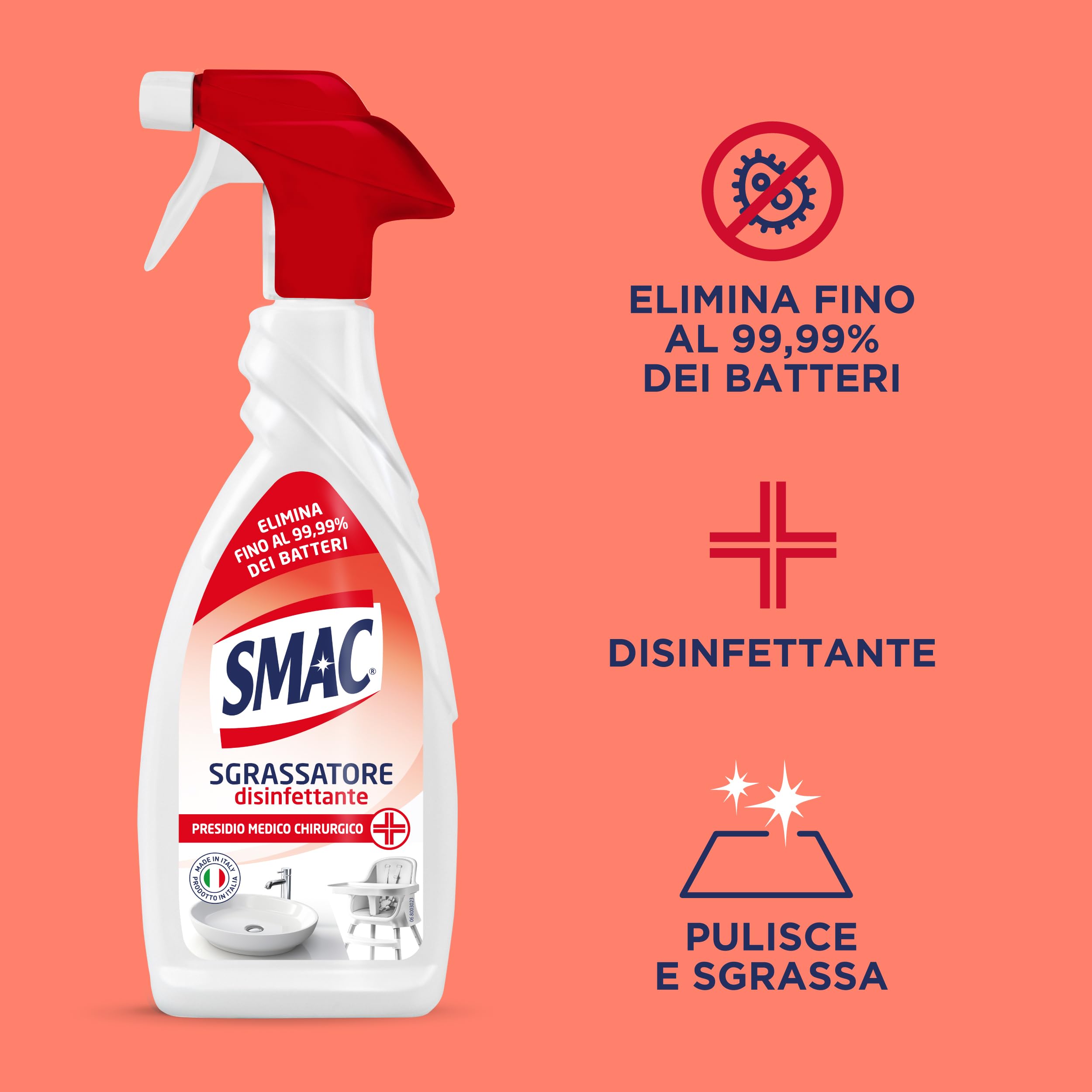 Smac - Sgrassatore Disinfettante, Detergente Spray Multisuperficie con Azione Sgrassante e Antibatterica, 650 ml x 12 Pezzi