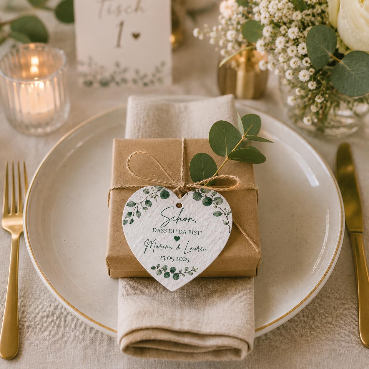Personalisierte Samenpapier Anhänger Herz | Gastgeschenk Hochzeit nachhaltig | Mit Wildblumensamen | 6 cm | Mit oder ohne Pflanzanleitung | 3 Designs zur Auswahl (50, Ohne Pflanzanleitung)