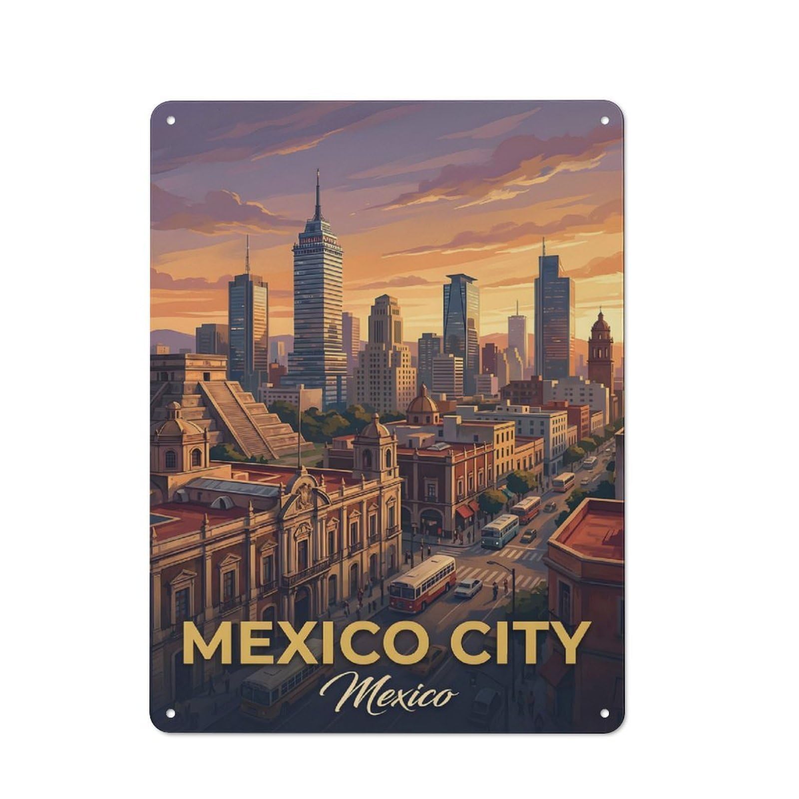 Junmoney Style-13 Mexico City Skyline At Sunset Printed Metal Sign 40X30cm For Bar Or Restaurant, New Home Wall Decor For Hospitality Decor Collectors