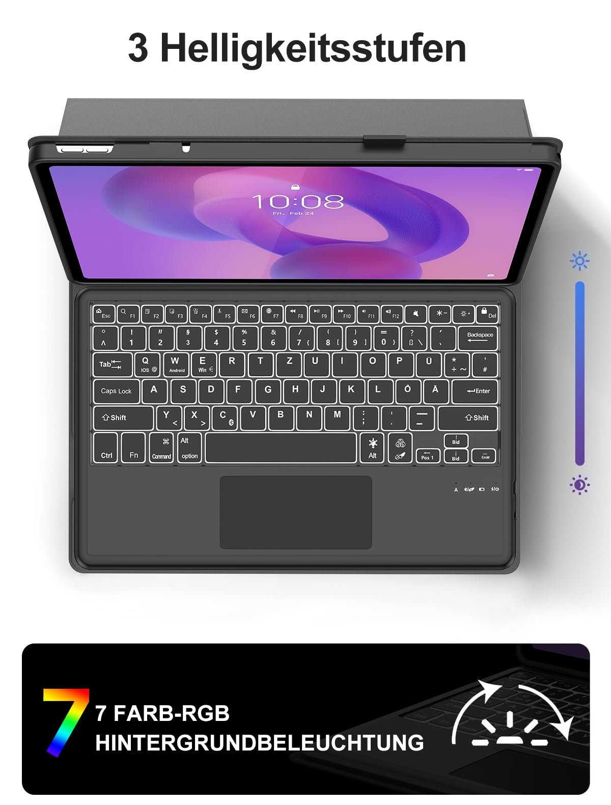JADEMALL Für Idea Tab Plus 12,1 Hülle mit Touchpad & Beleuchtung QWERTZ | Für Lenovo Idea Tab Plus Tastatur - Mit 7-Farben Beleuchtung & Touchpad, Premium Schutzhülle mit Tastatur, Schwarz