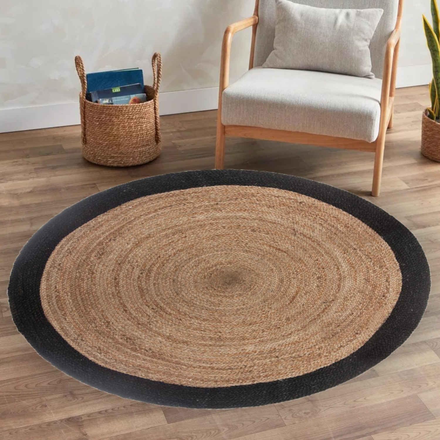 Casa Moro Jute Teppich Tamani Natur Ø 120 cm rund beige Schwarz Teppich-Läufer im Boho-Chic aus 100% Jute handgeflochten Natur-Teppich für einfach schöner Wohnen MA020