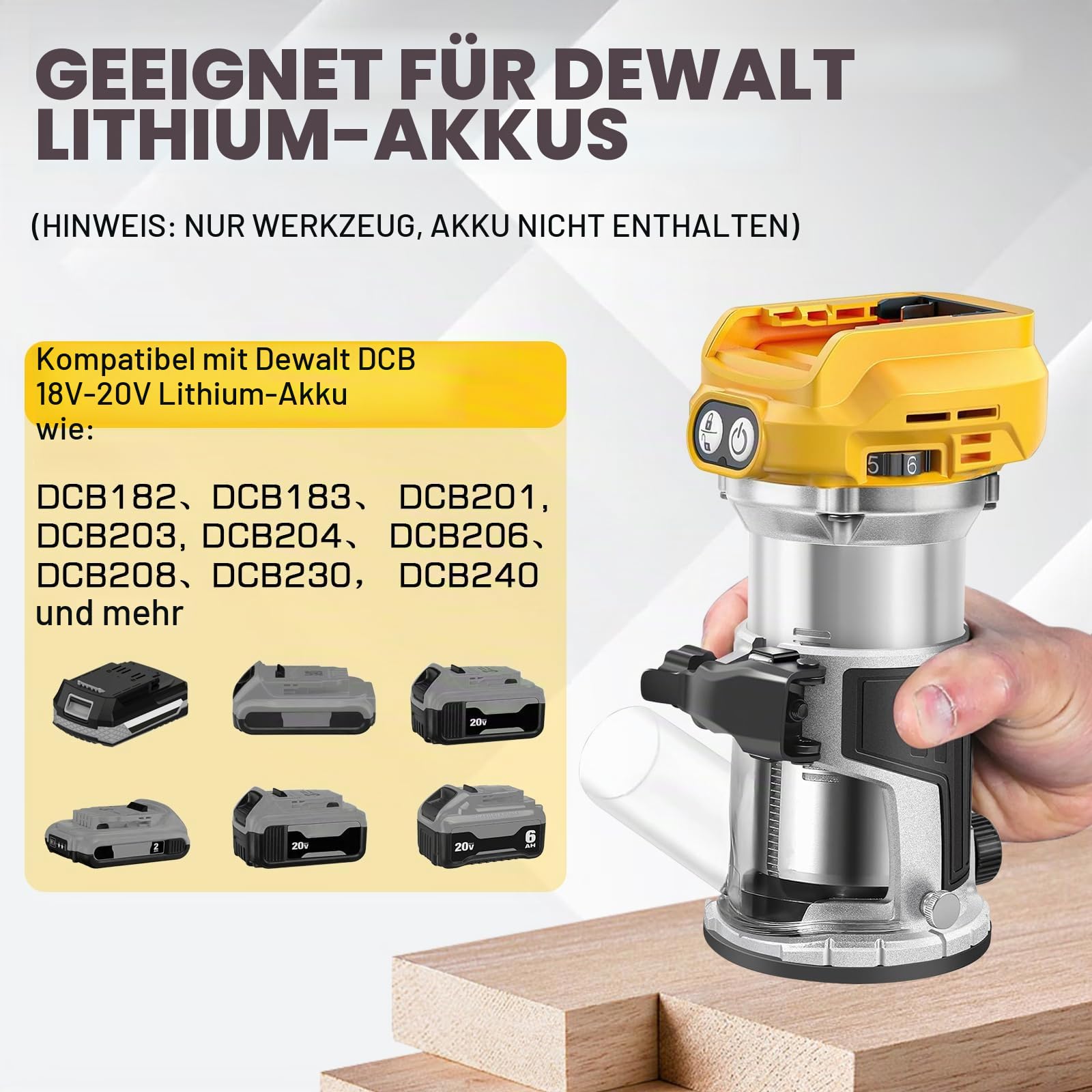 Akku Oberfräse kompatibel mit Dewalt DCB 18V-20V Akku, 800W Oberfräse