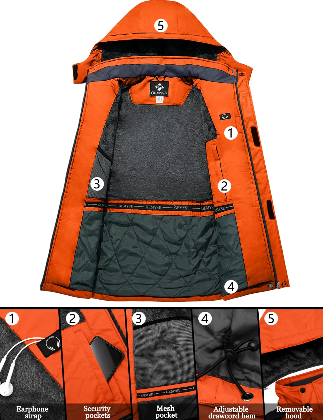 GEMYSE Uomo Giacca da Sci impermeabile montagna Giacche Pile invernale antivento Cappotto con Cappuccio