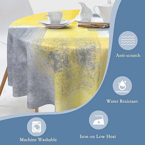 Miniatura 4 de Mantel redondo de 60 pulgadas, diseño abstracto gris y amarillo, mantel circular, lavable, resistente al calor, para cocina, comedor, vacaciones