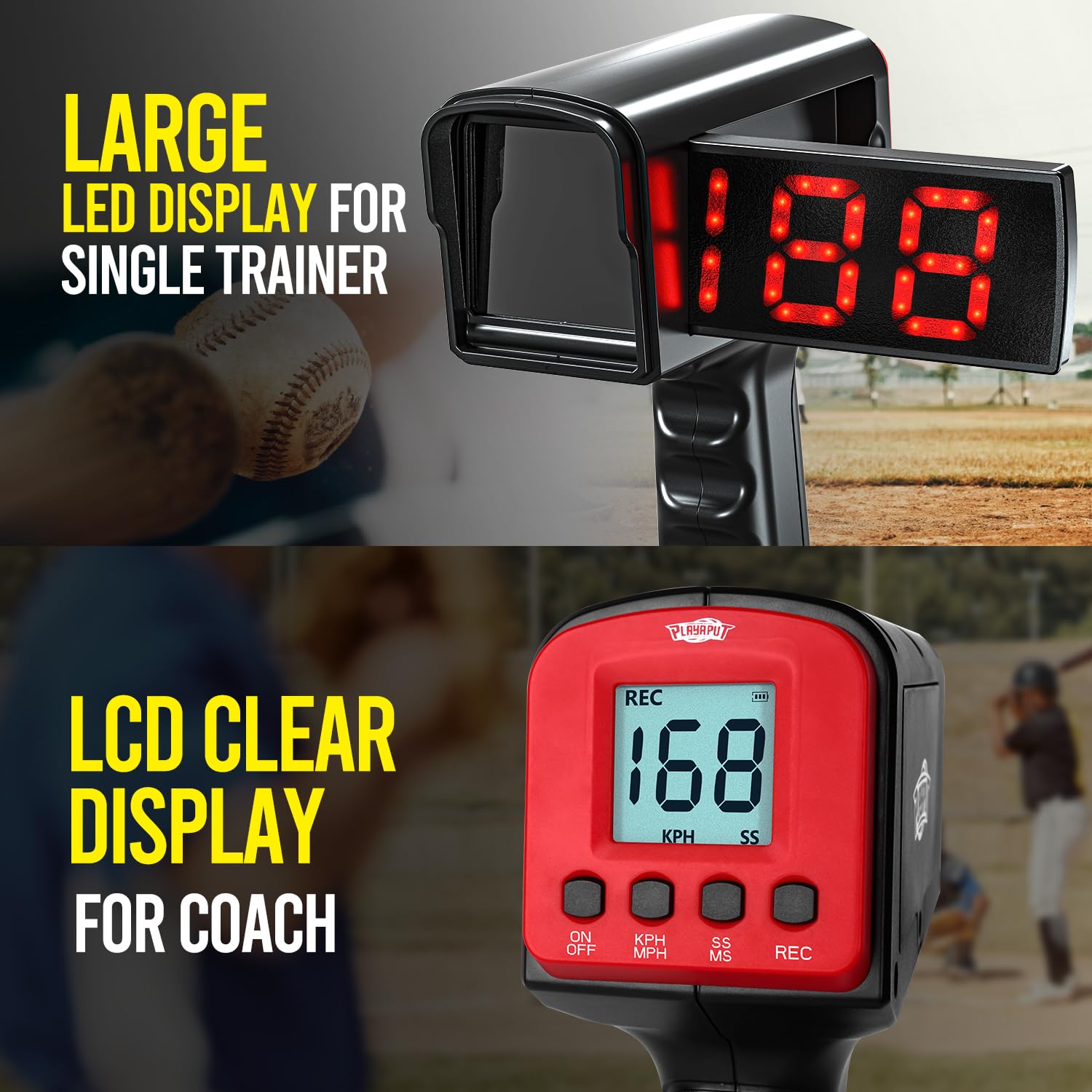 PLAYAPUT Pistole radar da baseball, sensori di velocità, attrezzatura per l'allenamento della velocità da baseball con display LED+LCD più grande, pistola radar di velocità portatile o a mani libere