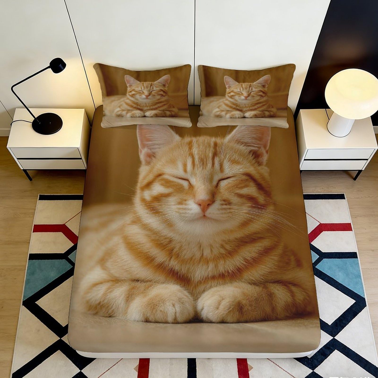 3D Printed Ginger Cat Fitted Sheet Microfiber Soft Breathable Tabby Cat Mattress Cover for Bedroom Decor 90x200x25cm