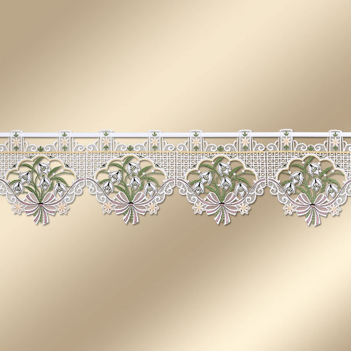 Feenhaus-Scheibengardine Schneeglöckchen weiß | Vogtländische Spitze Fenster-Deko | Landhaus Kurzgardine für Frühjahr & Ostern | Blumenstickerei Frühblüher Höhe x Breite 20 x 92 cm