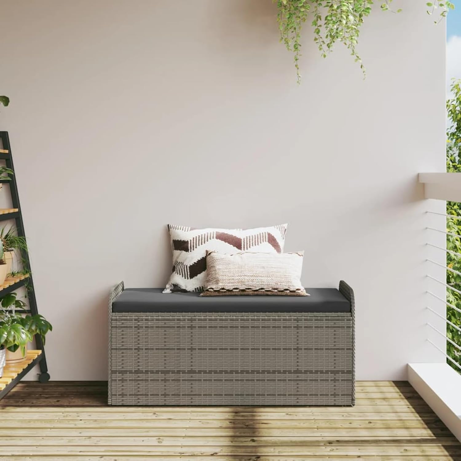 Gecheer Outdoor Storage Bench, Grey PE Rattan with Powder-Coated Steel Frame, Hidden Compartment for Cushions and Garden Items, Weather-Resistant, for Patio or Garden