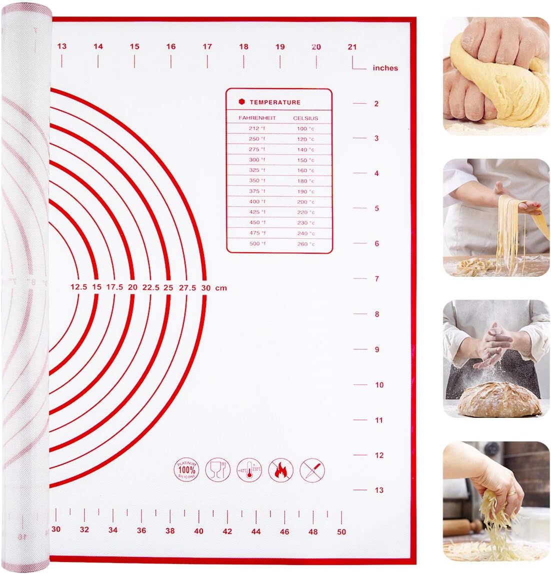 Silicone Pastry Mat Extra Large Non Slip with Measurement, Non Stick, Large and Thick, for Fondant, Rolling Dough, Pie Crust, Pizza and Cookies - BPA Free Easy Clean Kneading Matts, 16" x 24", Red: Kitchen & Dining