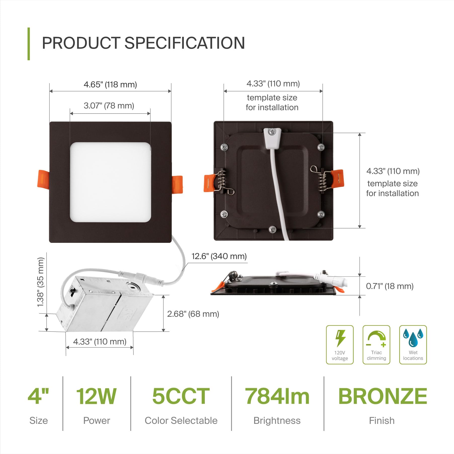 ASD Faretti LED Quadrati Da Incasso 4 Pollici - 12W (50W Eqv) - Temperatura Colore Regolabile Da 2700K A 5000K