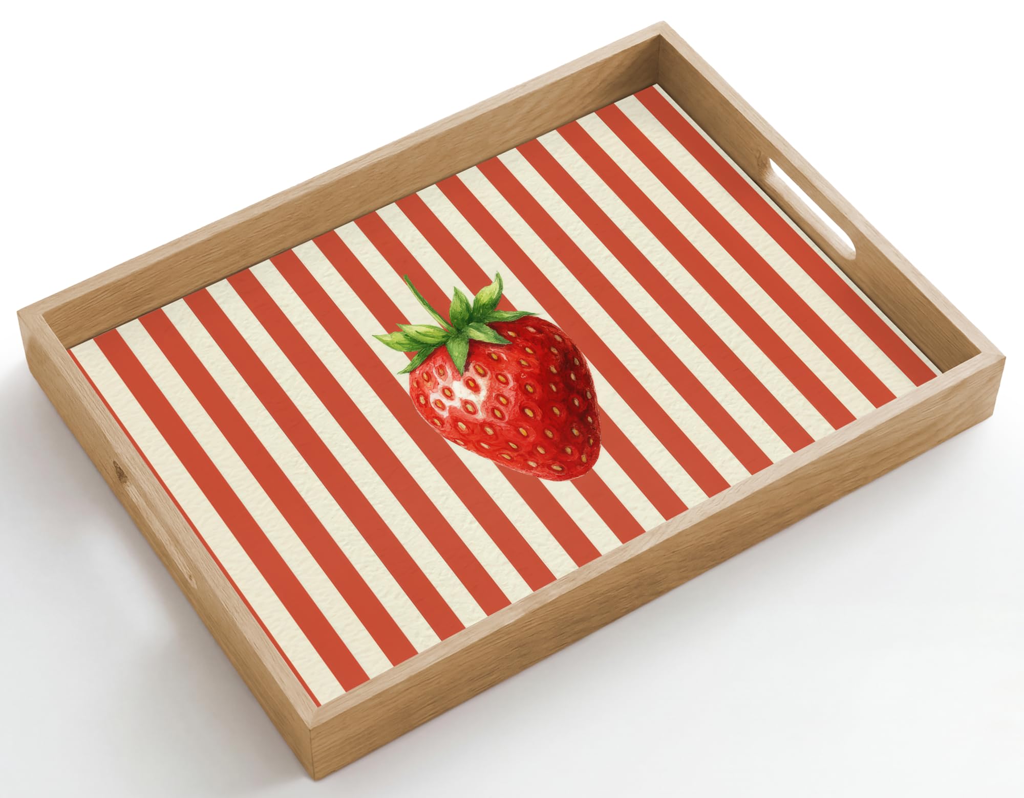 Holztablett Rechteckig 50x35 cm Küchentablett Servier Tablett Eiche Serviertablett Holz Servierplatte Mit Henkel Tray Kaffeetablett Erdbeere - Streifen - Rot