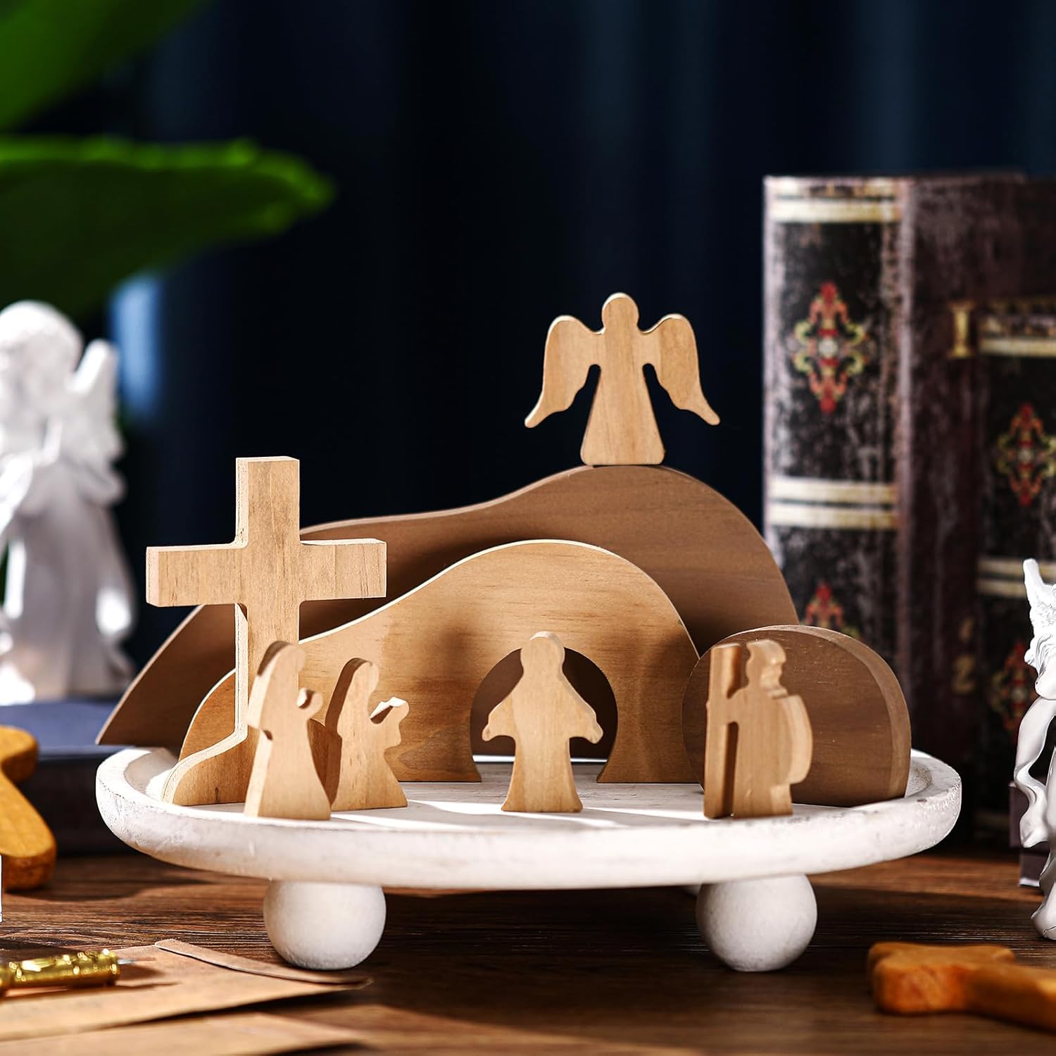 9 Pcs Religious Easter Decorations for Home Empty Tomb Easter Scene and Cross Decoration Wooden Resurrection Scene Set Jesus Nativity Tomb Decor for Christian Table Tiered Tray Office Crafts - Image 5