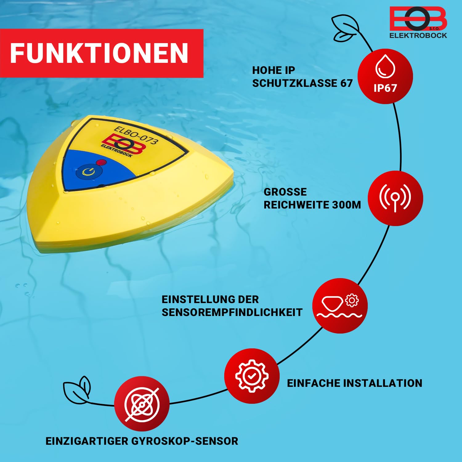 ELEKTROBOCK Pool-Alarm - Schwimmender Bewegungssensor mit 95dB Sirene | Wasser bewegt Sich - Funk-Empfänger löst Lauten Alarm aus | Einfache Installation | IP67 | für alle Pools & Aussenwasser