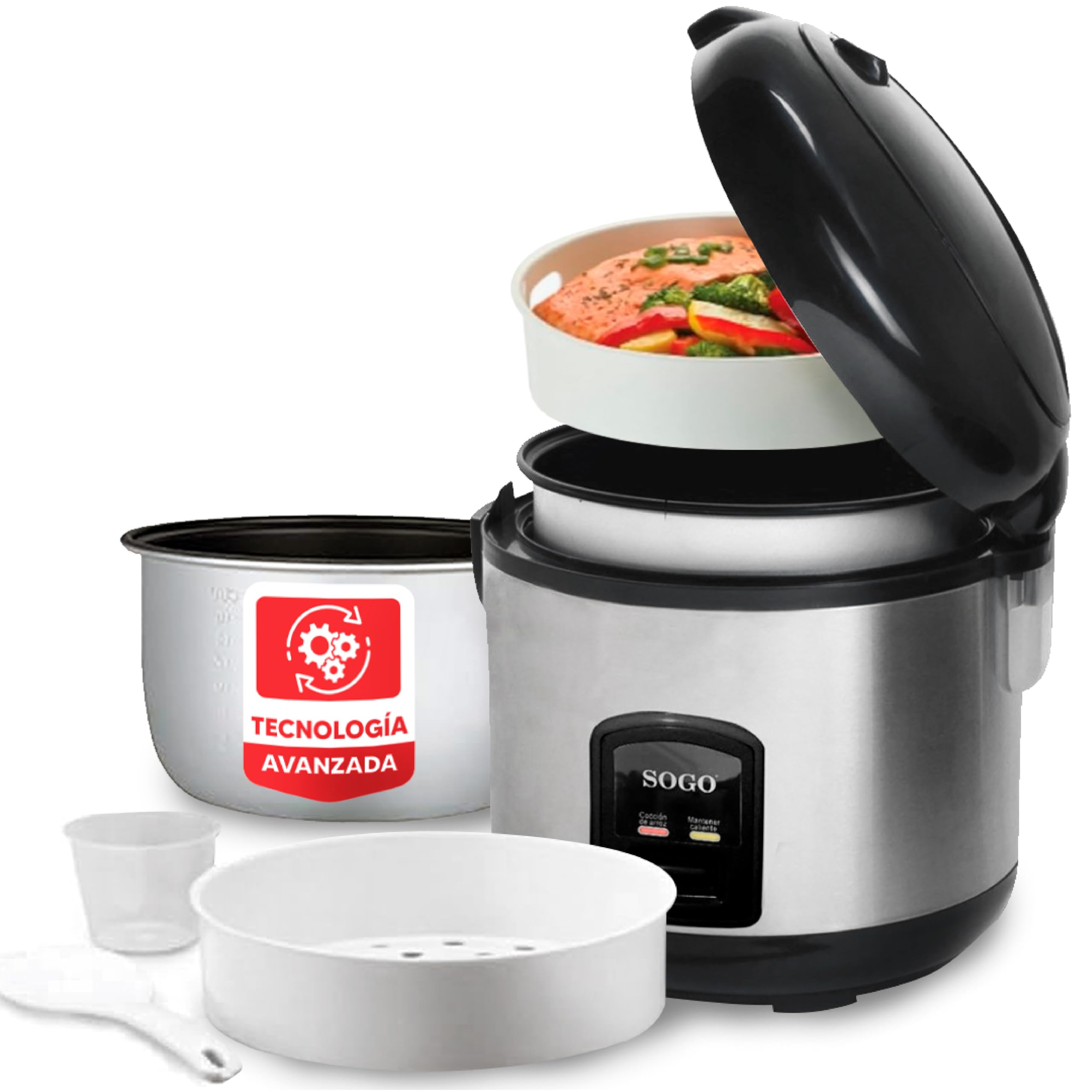 Sogo Arrocera Eléctrica Inteligente 1.8L con Bandeja de Cocción al Vapor Incluida - Olla Arrocera Digital Multicooker Antiadherente 10 Tazas 700W – Rice Cooker con Ciclo de Cocción Automática