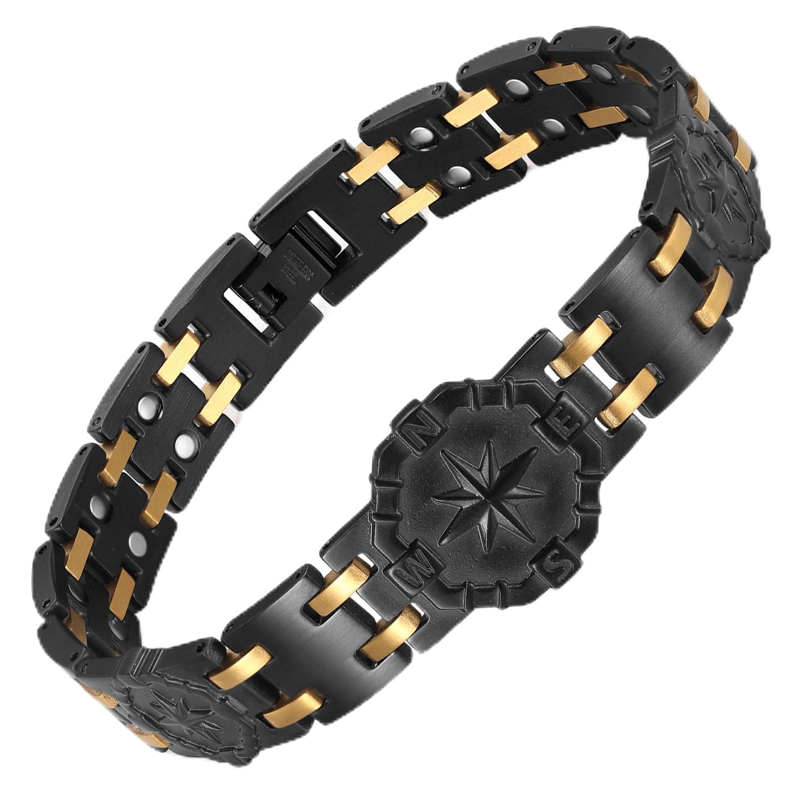 RainSo Pulsera magnética para hombre, pulsera de acero inoxidable de doble fila de 3800 Gauss, diseño náutico único, clásico, plateado, dorado, versátil, tamaño ajustable, adecuado para negocios y