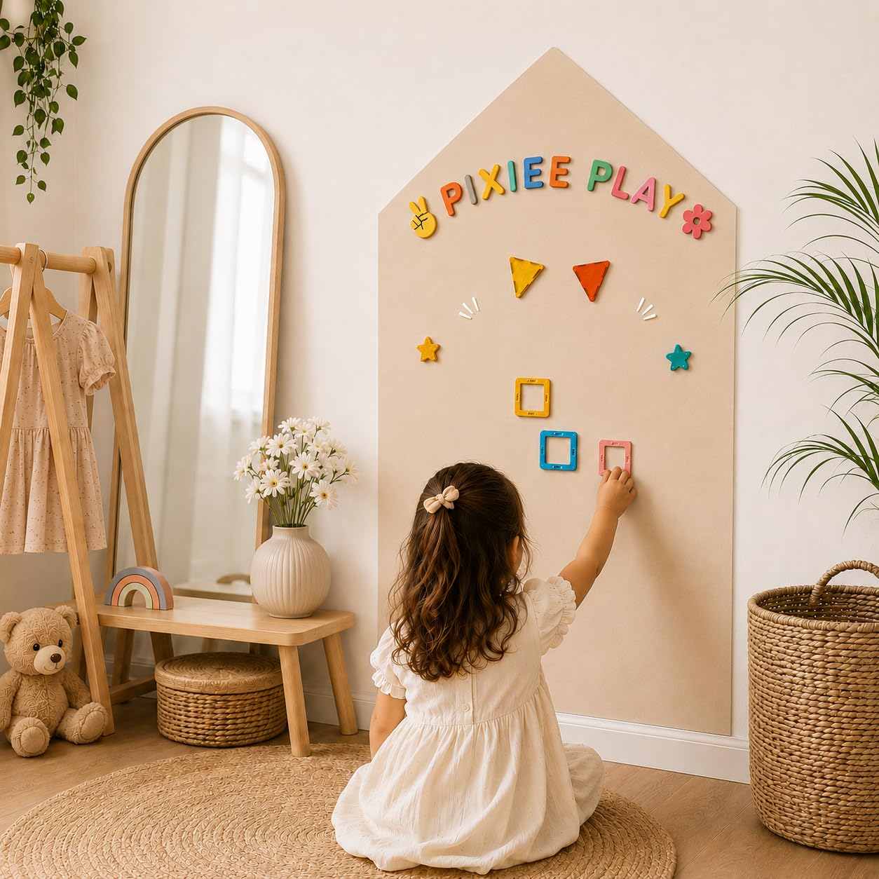 Magnetic Writable Activity Wall for Kids, 23x40 Inch Chalkboard, Beige | Compatible with Magnetic Tiles, Alphabets, Puzzles & More | Easy Clean, (NO Accessories OR Puzzles Included)-image-16
