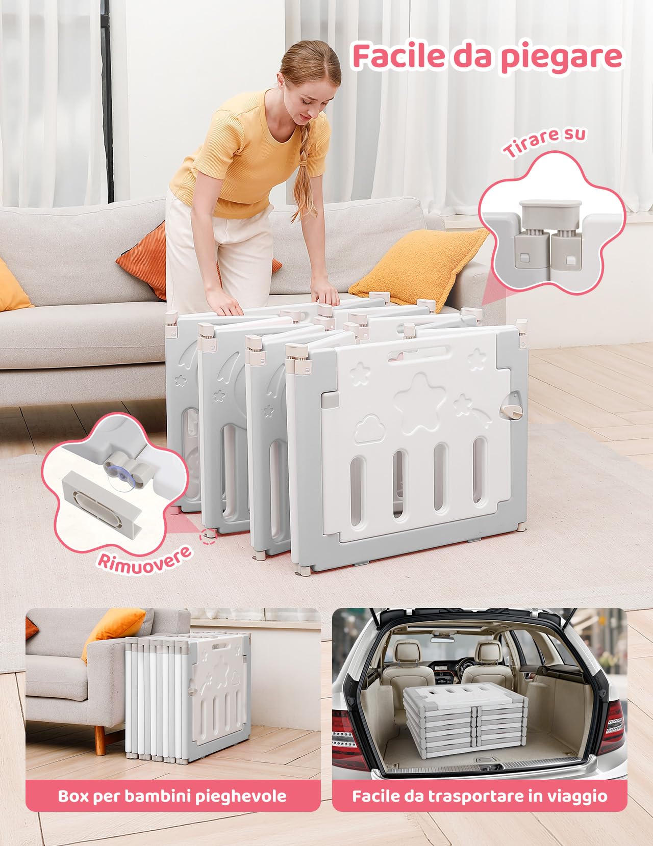 Dripex Box Bambini 150×150 cm, Recinto per Bambini Pieghevole, Box Neonato in Forma Adattabile, Recinto Neonato in Plastica, Grigio
