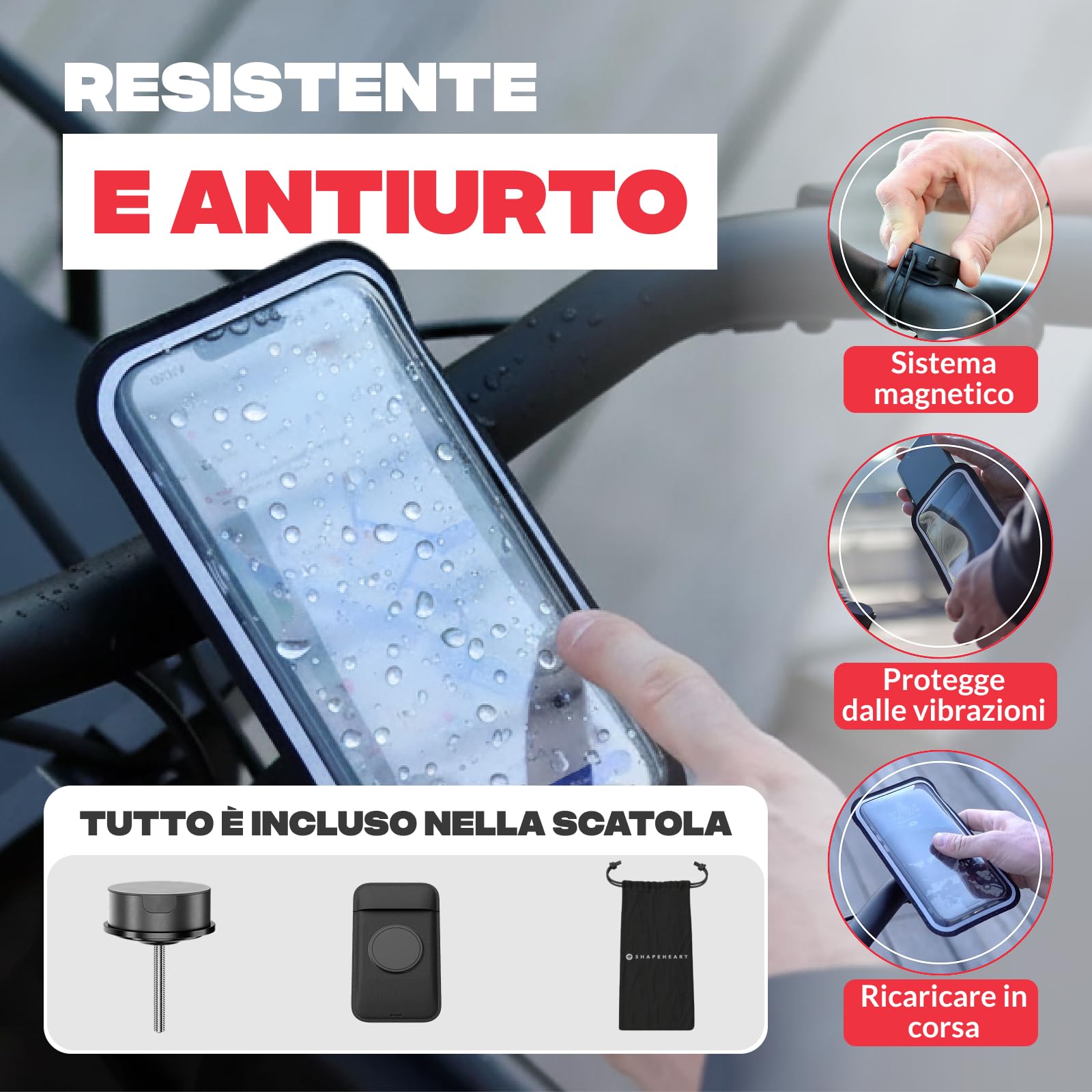 Shapeheart Porta Cellulare Bici per Attacco Manubrio Magnetico | Compatibile con ogni telefono | Attacco M6 | Sterzo 1 1/8 | Attacca e stacca in 2 s | Antivibrazione | Resiste alla pioggia