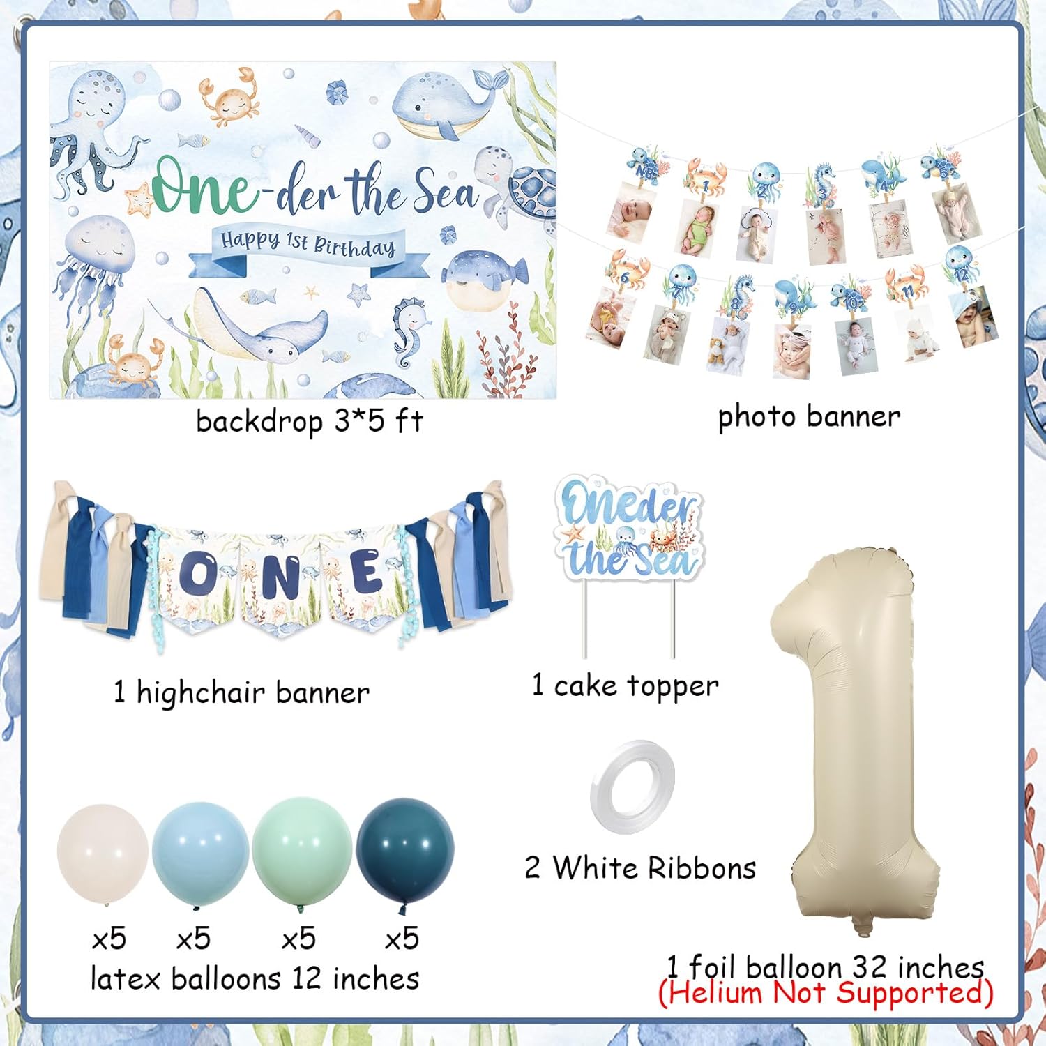 Jollyboom Oneder the Sea Party Decorations Boy, Under the Sea 1st Birthday Decorations Backdrop Photo One Highchair Banner Cake Topper Number 1 Balloons for Ocean Animal 1 Year Old Boy