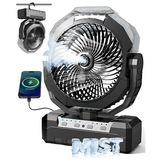 Portable Misting Fan, 36000mAh Rechargeable Battery Powered Camping Fan with 460ml Tank & 6.6ft Mist, 4 Speeds 2 Light Modes for Outdoor Patios Travel Jobsite Beach Summer Essentials - Black