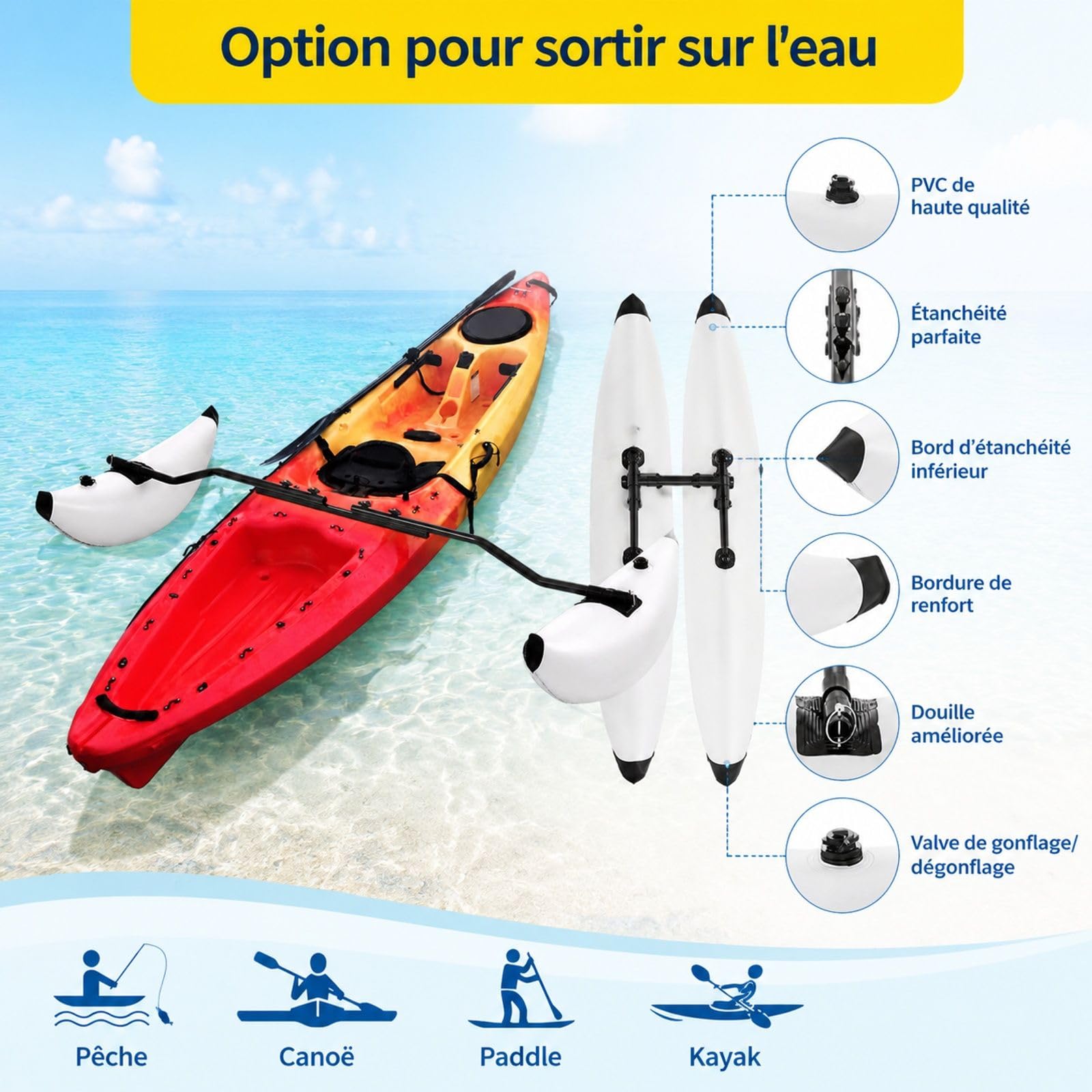 Kit de 2 flotteurs stabilisateurs gonflables en PVC pour Kayak et canoë