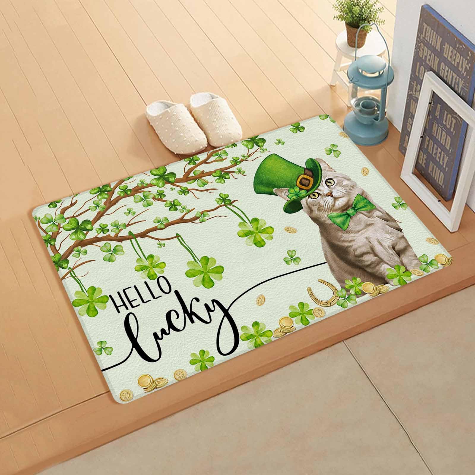 St. Patrick's Cat Kitchen Bath Door Mat Cushioned Runner Rug,Washable Welcome Floor Sink Antifatigue Mat,Waterproof & Non-Slip Comfort Standing Doormat,Spring Green Plant Tree Watercolor 18