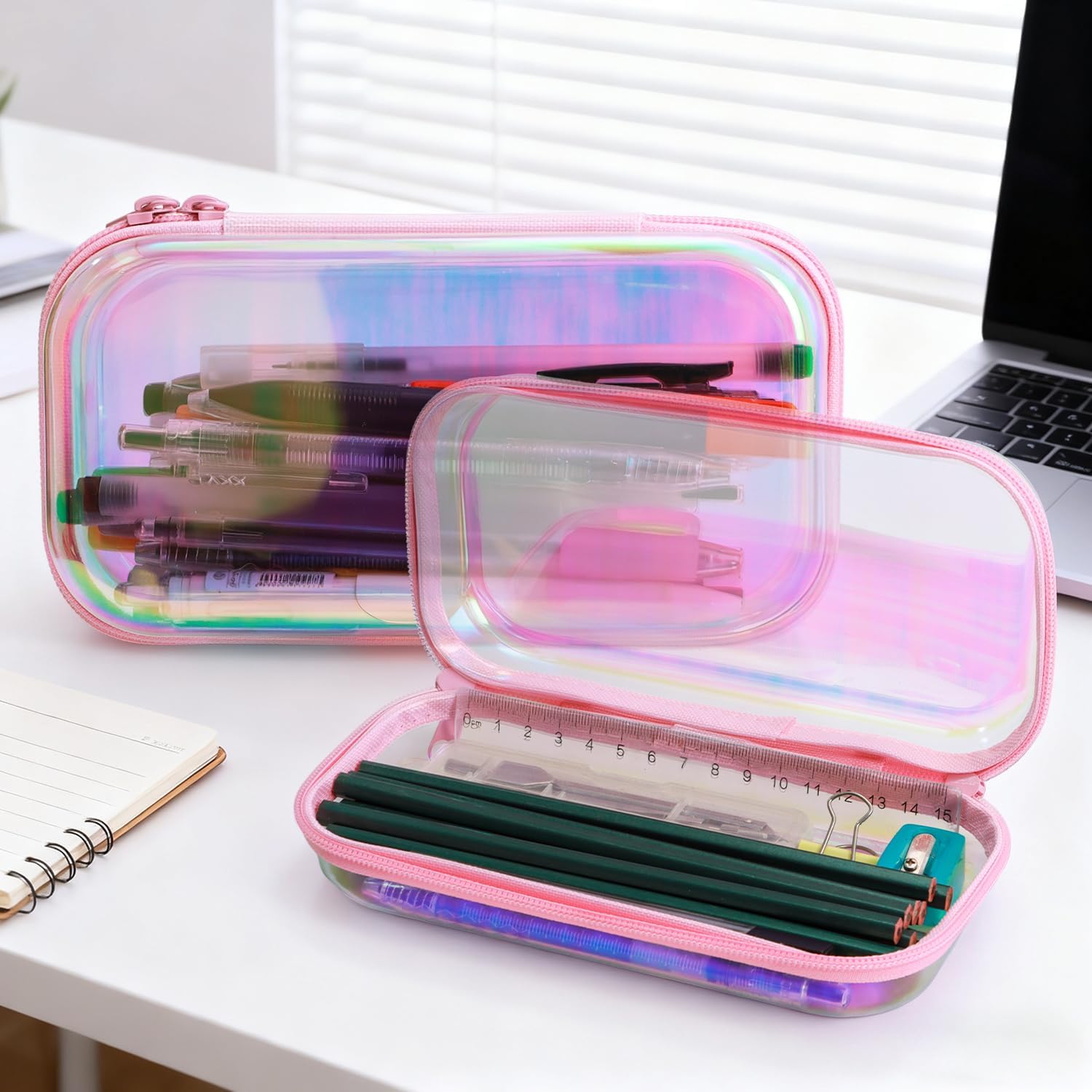Clear Hard Shell Zipper Case, Surface scratch resistant material, Portable Cosmetic Bag with Zipper, Diaper Bag Organizing Pouches, Hard Plastic Case, Clear Bags for Organizing, Laser Pink (3 Pcs) - Image 5