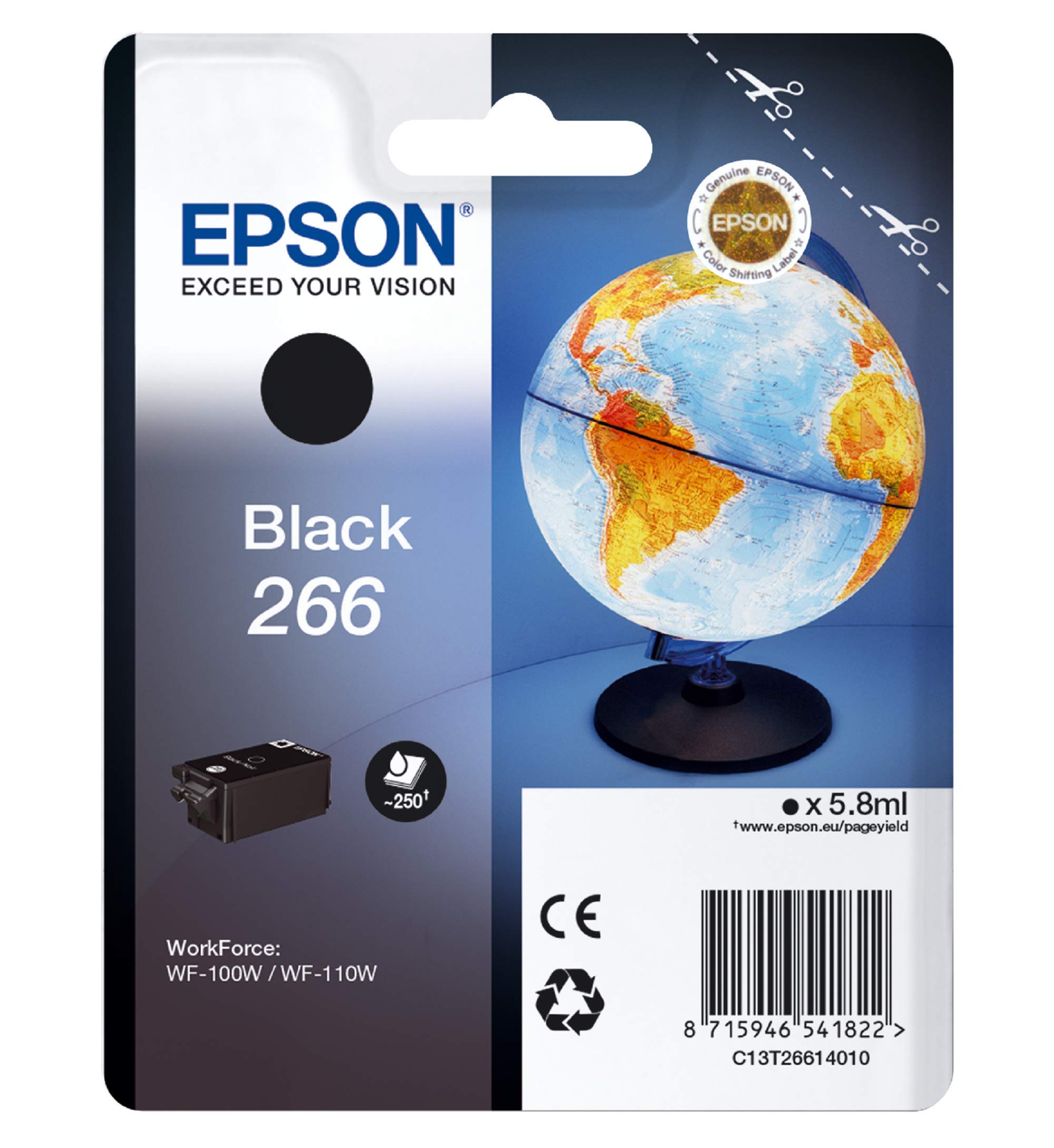 Epson workforce wf-110w, stampante a4 portatile inkjet, connettività wi-fi e wi-fi direct, batteria integrata, nero & 266 serie mappamondo, cartuccia originale getto d'inchiostro, formato standard