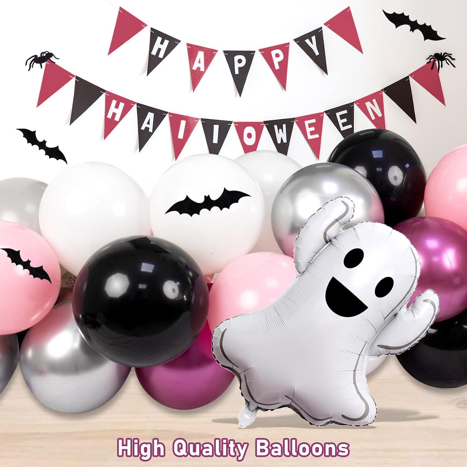 OuMuaMua Pink Halloween Balloon Garland Kit for Girls - 175Pcs Grey, White, Black Balloons, 3D Bat Stickers & Ghost Balloon - Birthday Party Decorations image 5