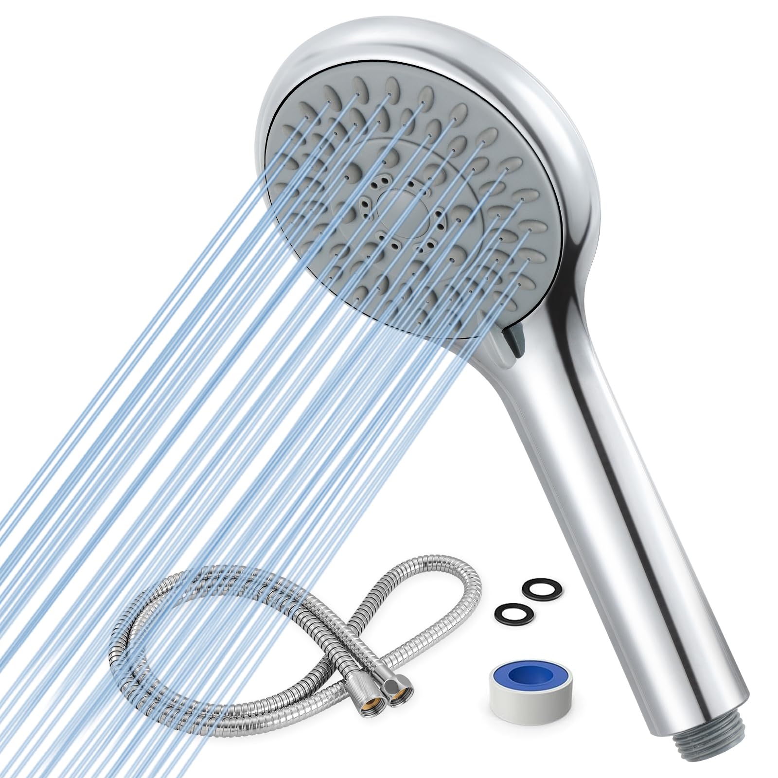 FrapUniversal High Pressure Shower Head, 1.5m Stainless Steel Hose, Powerful 5 Mode Function, Easy-Cleaning Silicone Nozzles, Quick Installation, Removal Showerhead for Adults Children Pets,Chrome