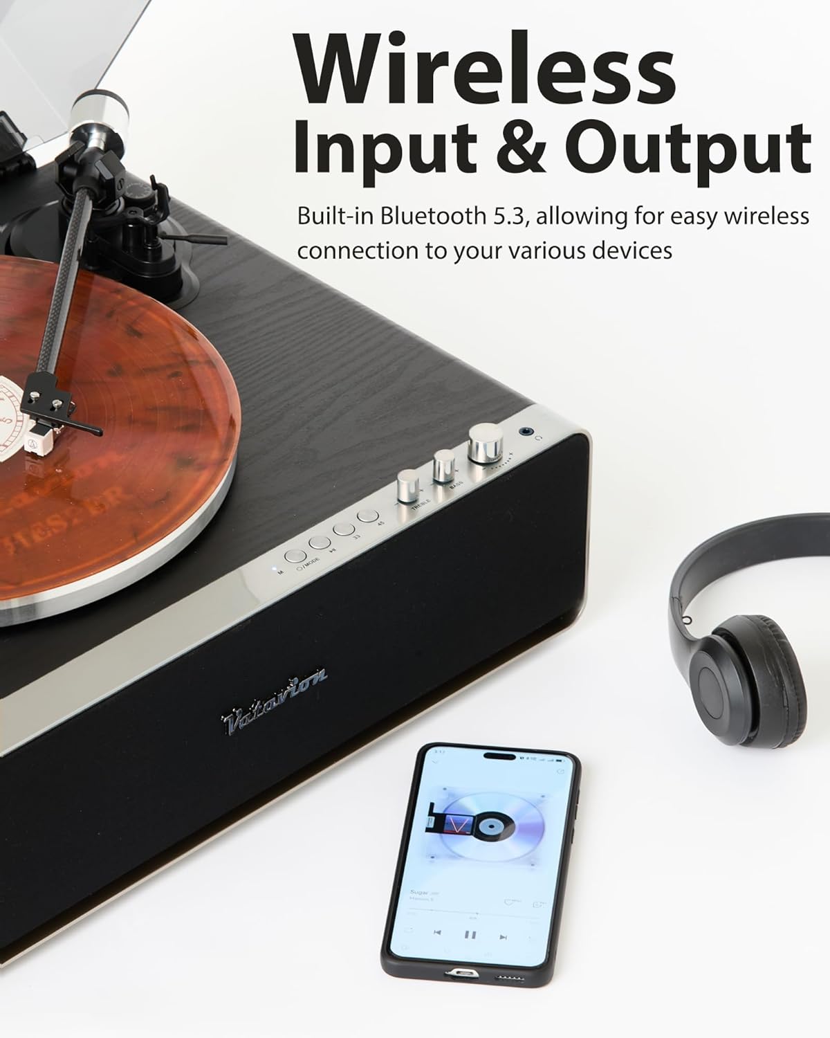 VATAVION-Vinyl-Record-Player-with-Ambient Light, High Fidelity Speakers, 2-Speed Belt Drive Turntables for Vinyl Records, Magnetic Cartridge AT-3600L, Bluetooth Out & Input, Auto Stop (Black)