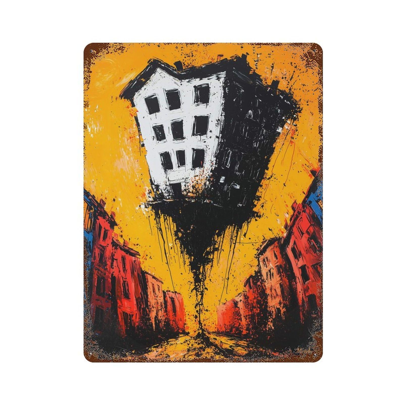 The Floating Abyss – Expressionist Surreal Cityscape 15.7"x11.8" Rust Effect Tin Sign, Industrial Home Decor for Living Room, Hallway And Home Decor