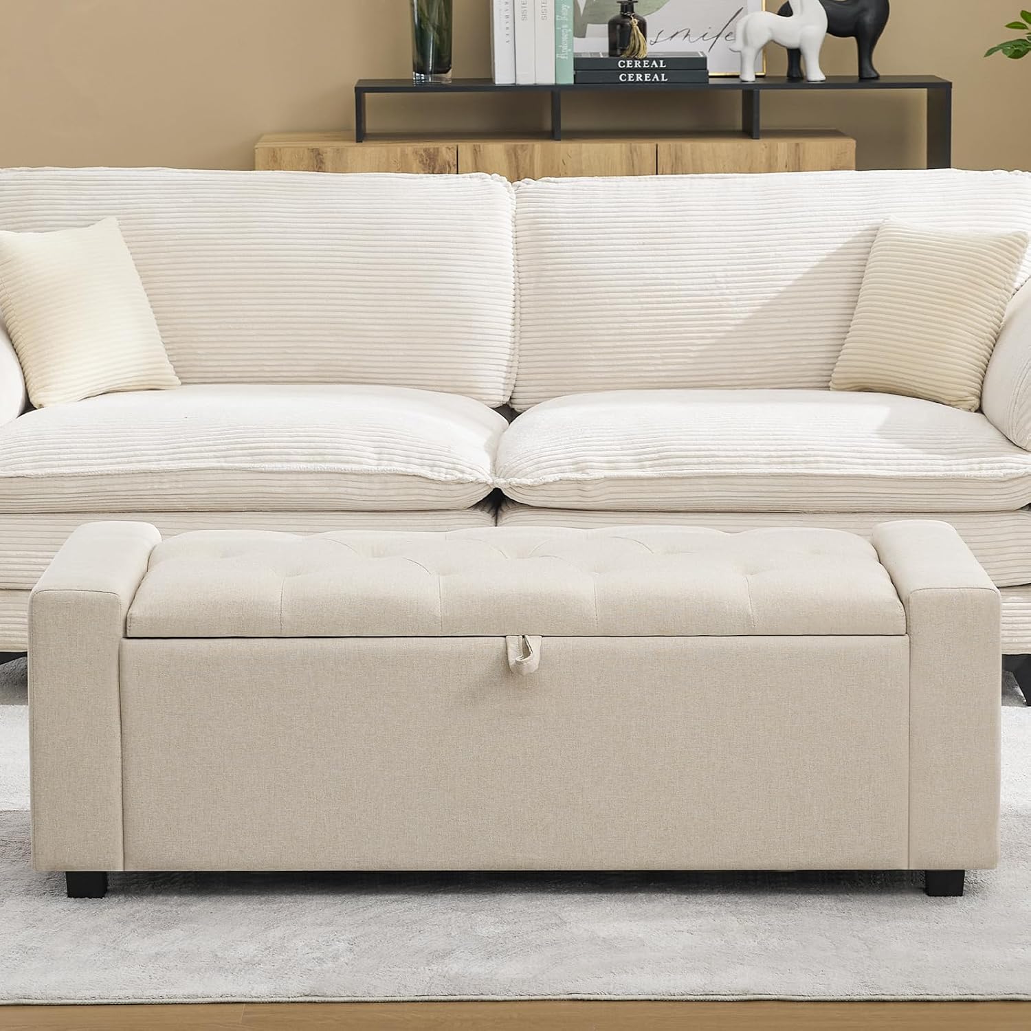 49'' Ottoman with Storage, Storage Ottoman Bench with Dual Safety Hinges, Button Tufted Upholstered Foot of Bed Bench for Bedroom, Entryway & Living Room, Holds up to 330lb (Beige)