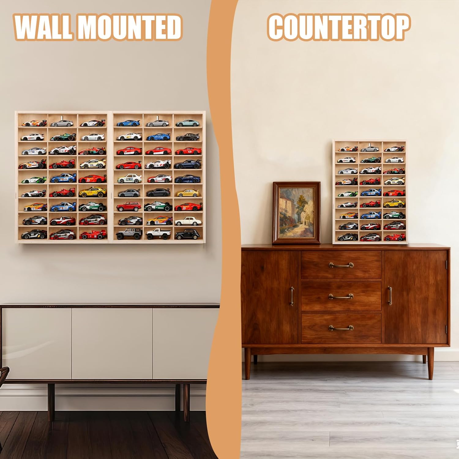 for Hotwheels Wooden Display Case,54 Space 1/64 Scale Toy Car Display Case Fit for Hotwheels Wooden Storage Display Shelf for Toy Cars Wall Mount Model Car Display Organizer Fit for Matchbox Diecast