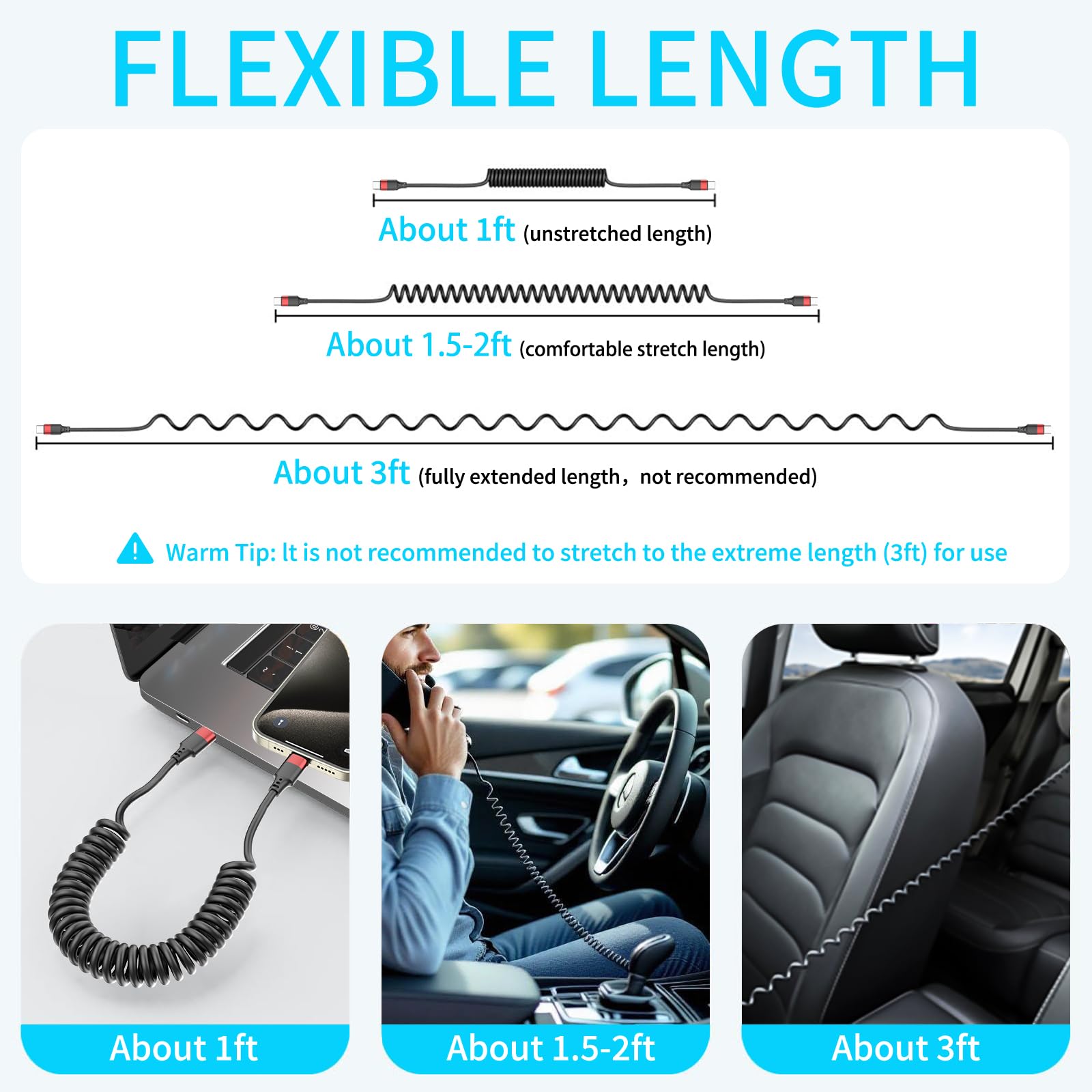 Cavo a spirale da USB C a USB C, 0,9 m, confezione da 2 cavi di ricarica USB C per auto, cavo di ricarica rapida per iPhone 16 15 Plus Pro Max Samsung Galaxy S24 S23 Note 20 10 A50 A20 Moto G LG