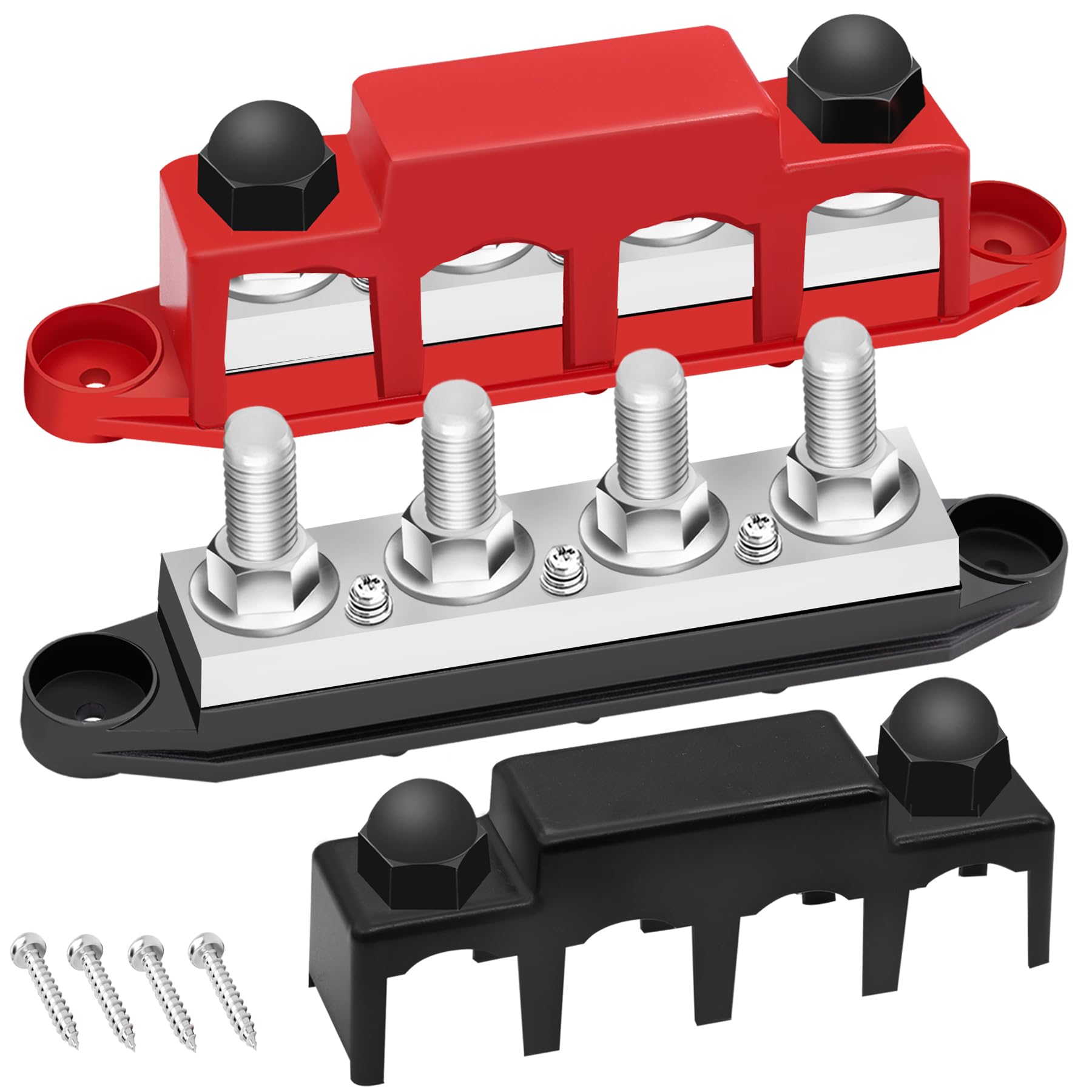 Barra colectora de 400 A, 12 V, bloque de distribución de energía de 3/8 pulgadas, bloque de terminales de barra colectora automotriz, barra colectora de batería (par, rojo y negro) 4 postes