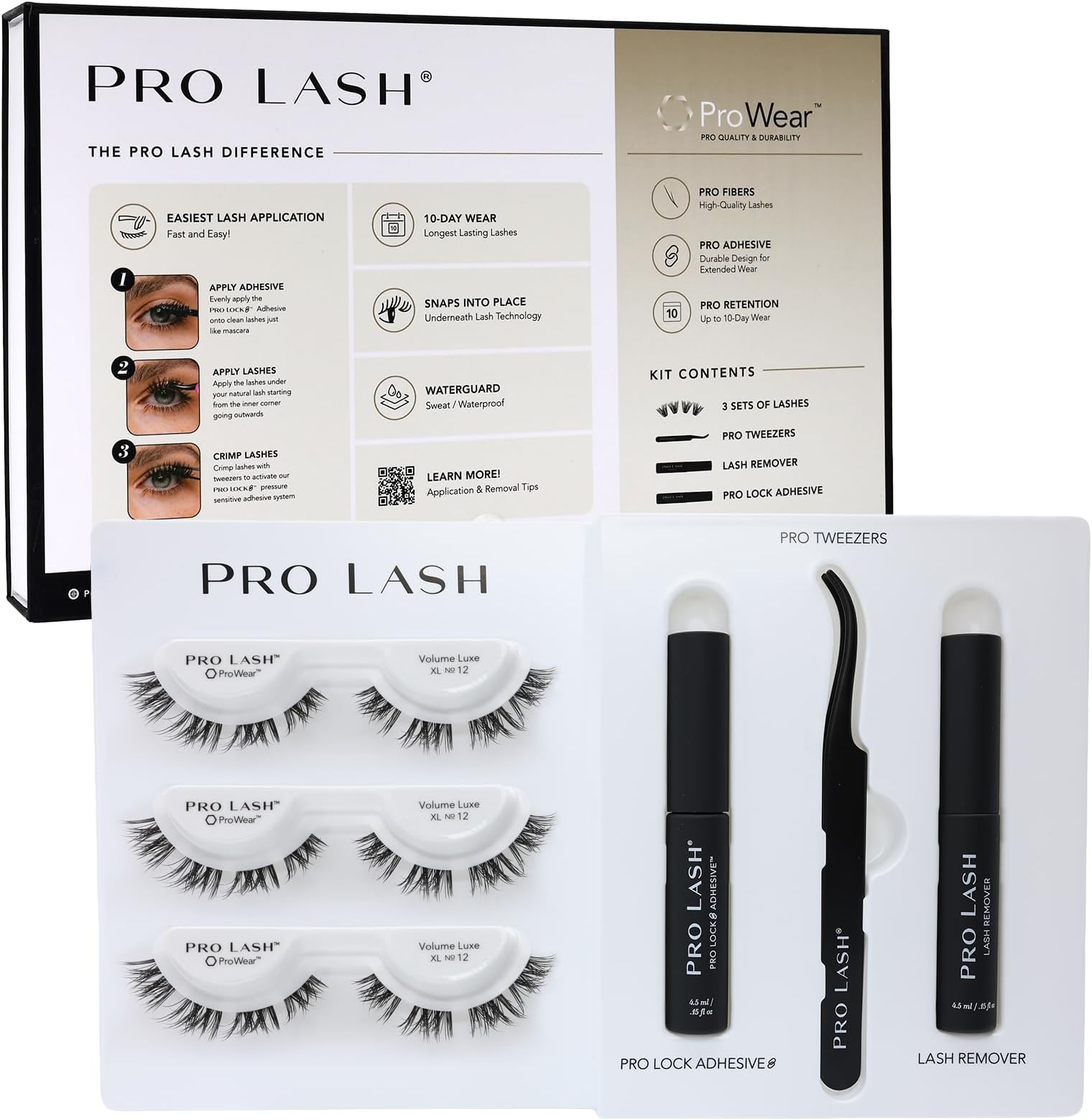 ProWear Starter Lash Clusters Kit - Easiest to Use Eyelashes - 10 Day Cluster Eyelash Extensions - 3 Sets of False Eyelashes Plus Glue, Remover, Tweezers - Volume Luxe XL No