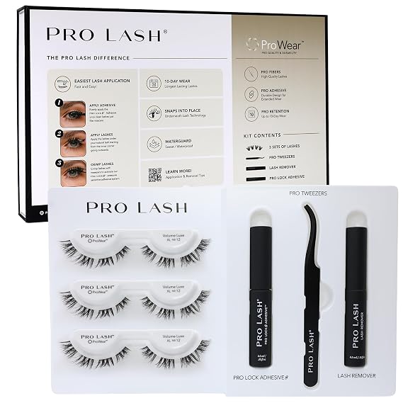 Pro Lash ProWear Starter Lash Clusters Kit - Easiest to Apply Lashes - 10-Day Cluster Eyelash Extensions - 3 Sets of False Eyelashes Plus Adhesive, Remover, Tweezers - Volume Luxe XL No. 12 - Black