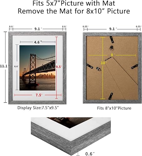 Miniatura 6 de BAIJIALI Portarretratos de 8 x 10 pulgadas, patrón rústico de madera gris con plexiglás HD, muestra fotos de 5 x 7 pulgadas con paspartú o de 8 x 10