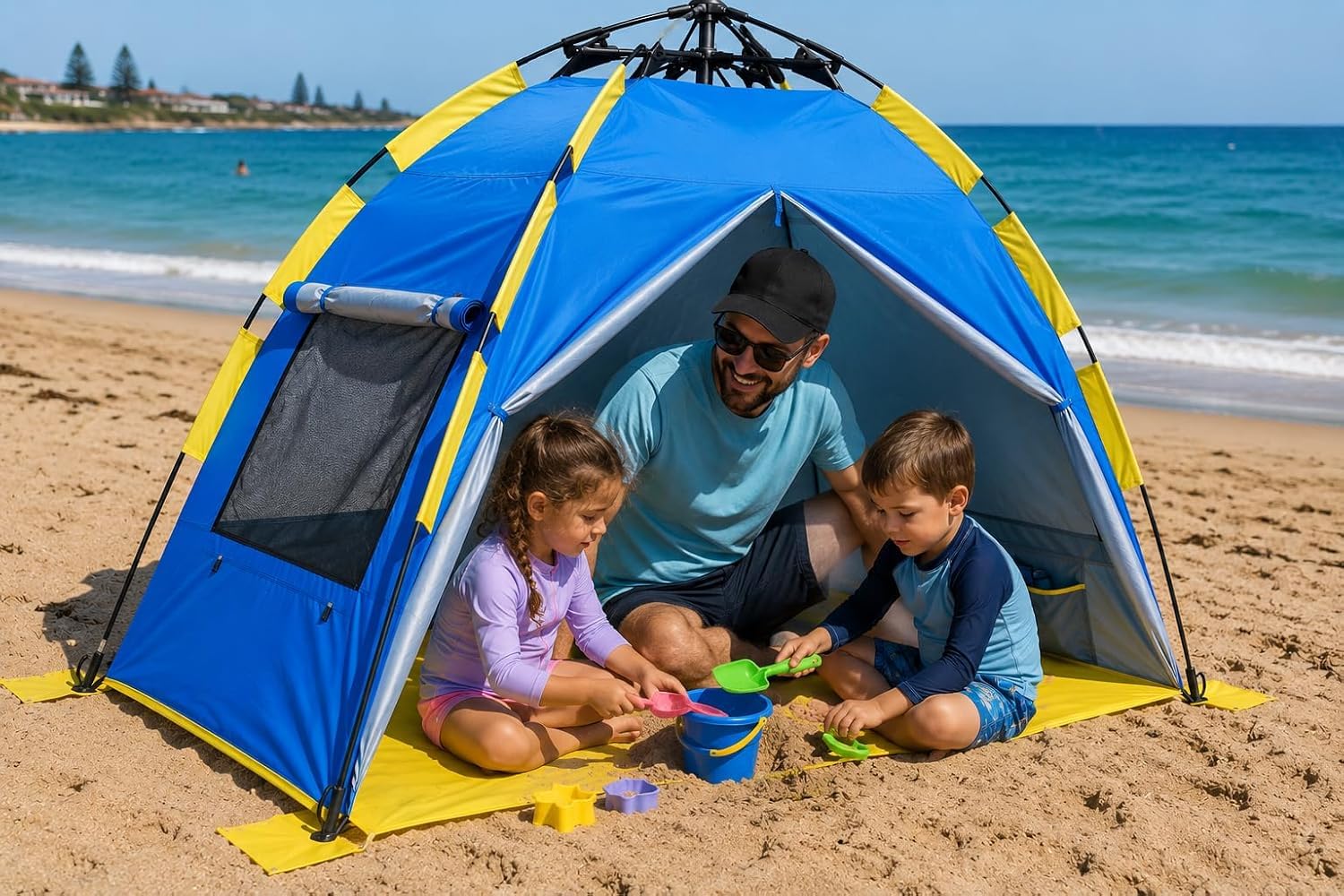 Pop Up Beach Tent 2 Person, UV50+ Beach Sun Shelter, Instant Portable Beach Tent with Mesh Windows, Lightweight Sun Shade, Carry Bag & 4 Ground Pegs for Beach, Camping, Picnic, Fishing & Garden