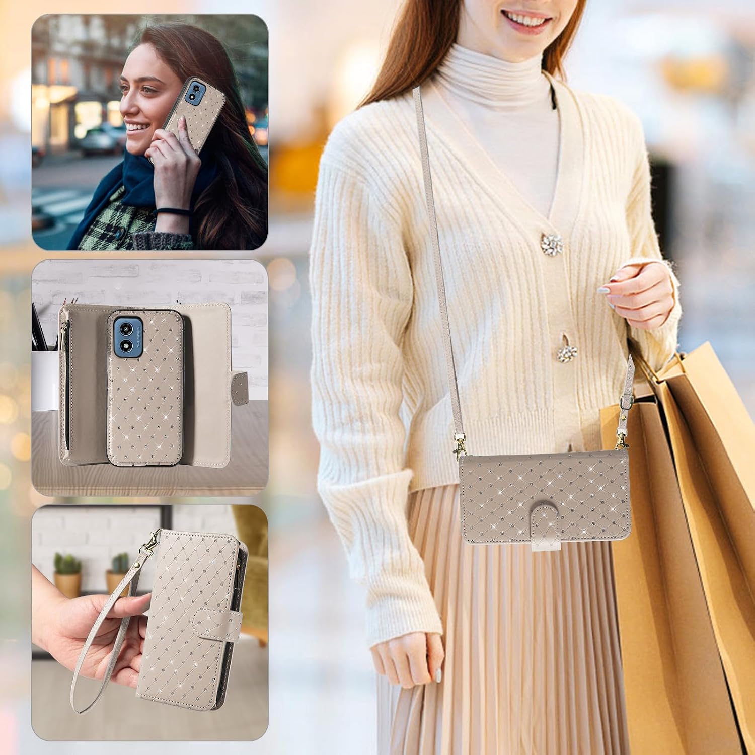 Asuwish Compatible with Motorola Moto G Play 4G 2024 Wallet Case Zipper Detachable Cell and Screen Protector Crossbody Strap Glitter Flip Card Holder Phone Cover for XT2413V XT2413-1 64GB Women Grey