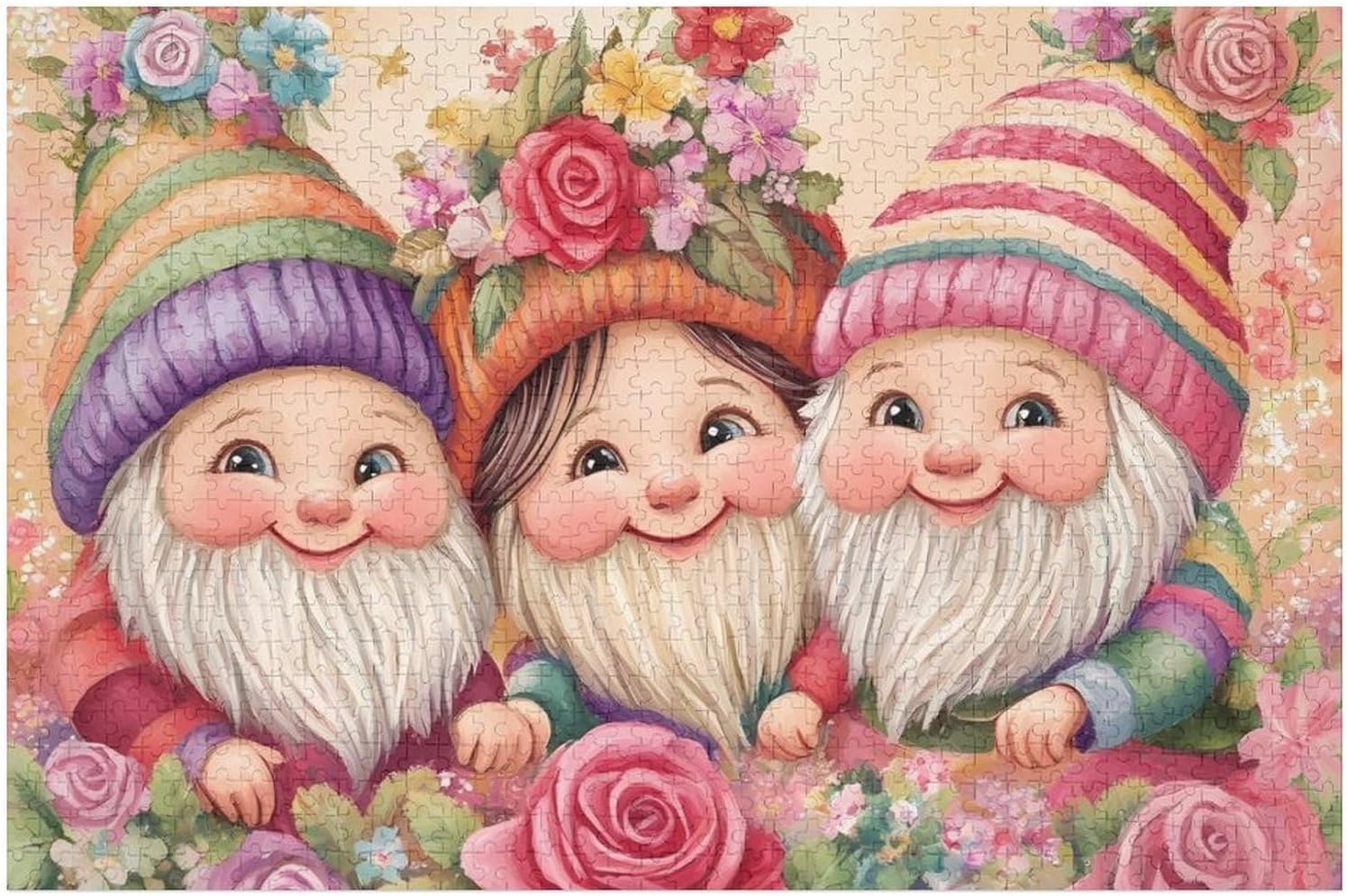Gnome Rose Flower Wood Puzzle Challenging Jigsaw Puzzles for Women Men