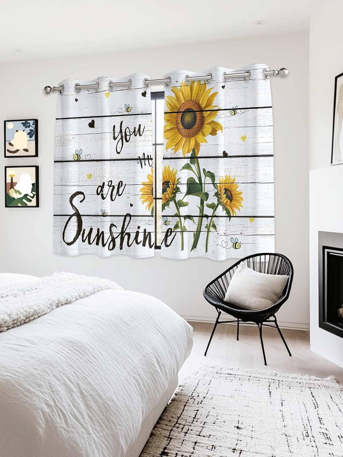 Bedroom Blackout Curtains You are My Sunshine Sunflower and Bee on Rustic Wooden Thermal Insulated Room Darkening Curtains for Living Room Grommet Blackout Window Curtains 2 Panels 40x63inch